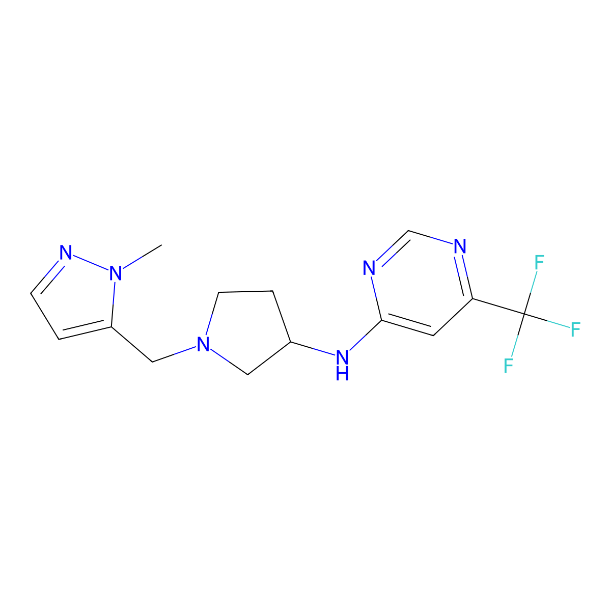 N-{1-[(1-methyl-1H-pyrazol-5-yl)methyl]pyrrolidin-3-yl}-6-(trifluoromethyl)pyrimidin-4-amine molecular structure, CAS 3054629-17-0
