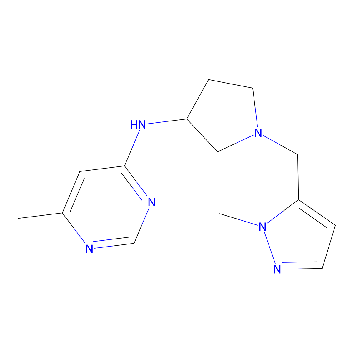 6-methyl-N-[1-[(2-methylpyrazol-3-yl)methyl]pyrrolidin-3-yl]pyrimidin-4-amine molecular structure, CAS 3054629-19-2