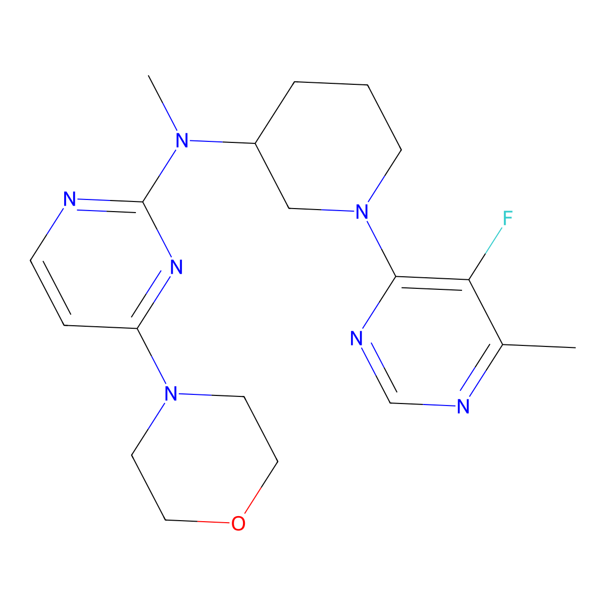 N-[1-(5-fluoro-6-methylpyrimidin-4-yl)piperidin-3-yl]-N-methyl-4-(morpholin-4-yl)pyrimidin-2-amine molecular structure, CAS 3054629-21-6