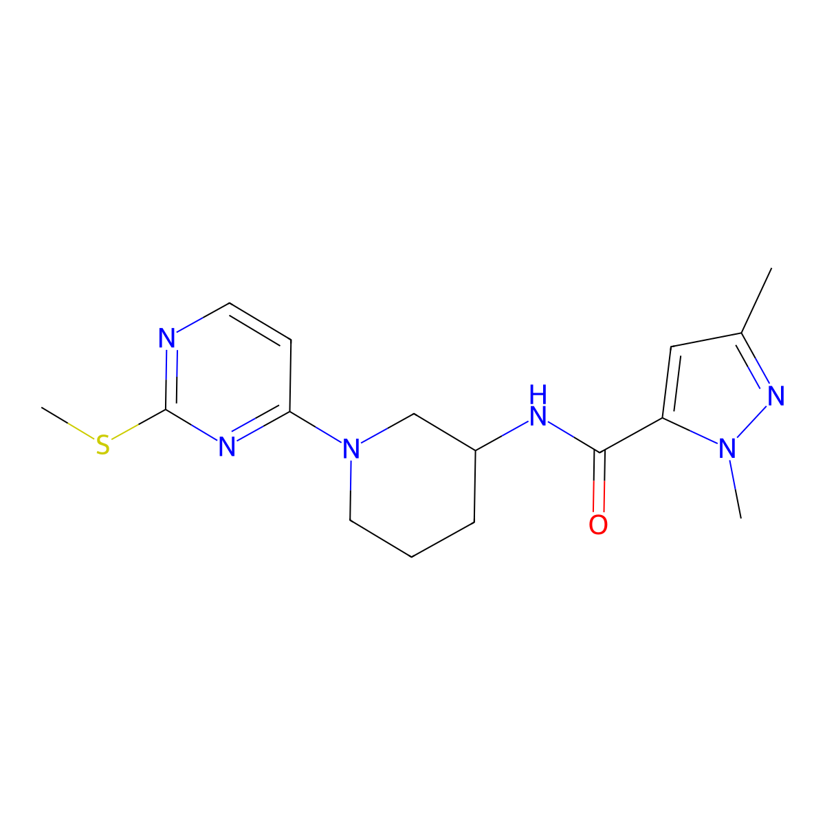 1,3-dimethyl-N-{1-[2-(methylsulfanyl)pyrimidin-4-yl]piperidin-3-yl}-1H-pyrazole-5-carboxamide molecular structure, CAS 3054629-23-8