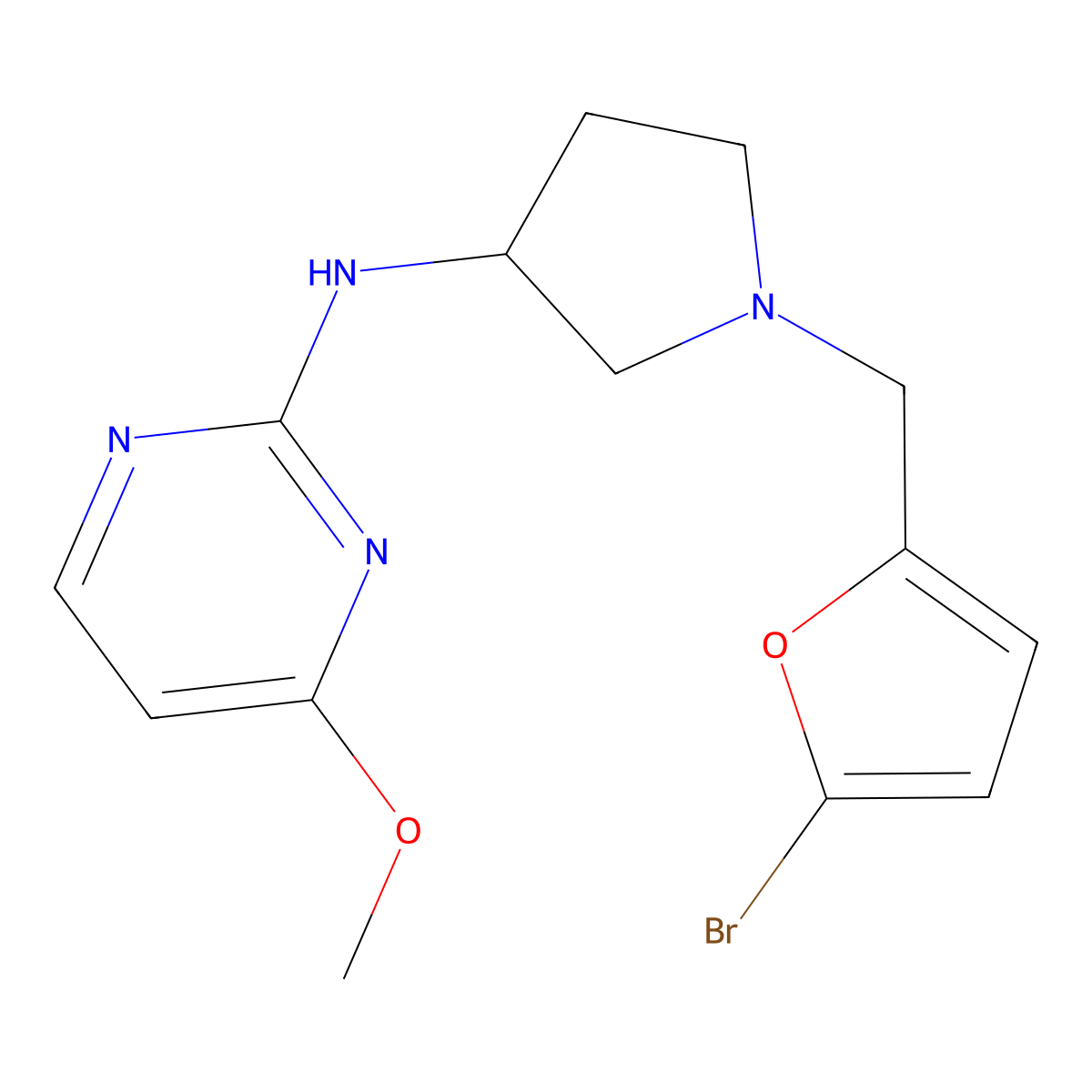 N-[1-[(5-bromofuran-2-yl)methyl]pyrrolidin-3-yl]-4-methoxypyrimidin-2-amine molecular structure, CAS 3054629-28-3