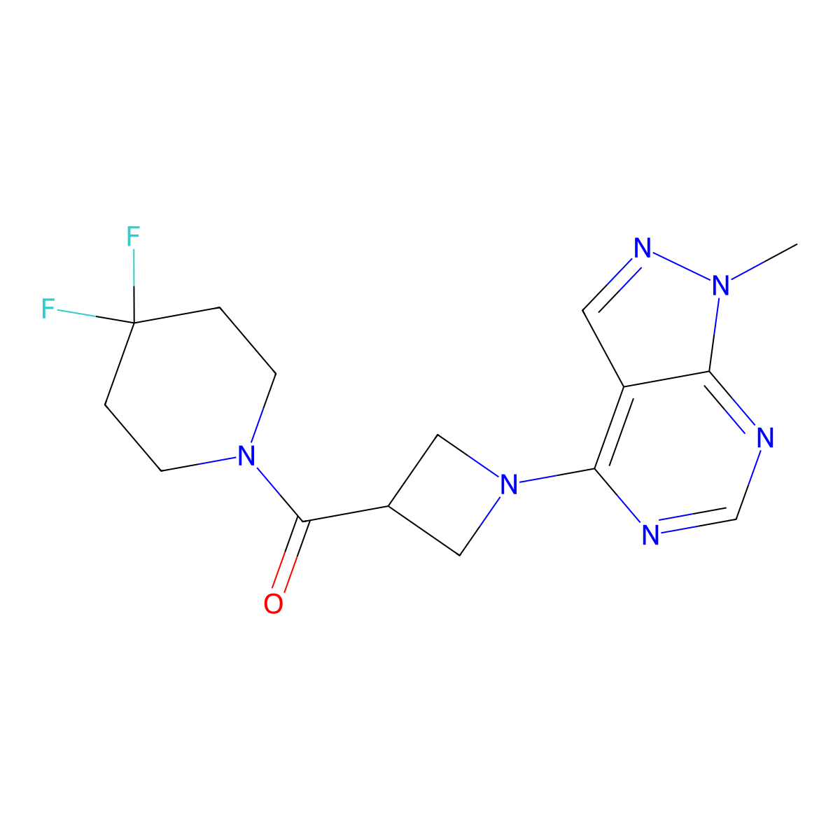 4,4-difluoro-1-(1-{1-methyl-1H-pyrazolo[3,4-d]pyrimidin-4-yl}azetidine-3-carbonyl)piperidine molecular structure, CAS 3054629-29-4