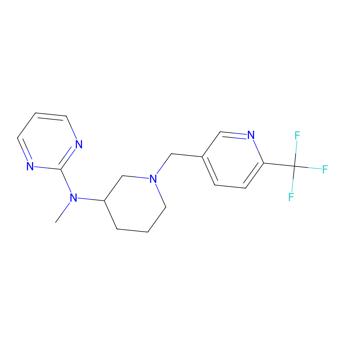 N-methyl-N-(1-{[6-(trifluoromethyl)pyridin-3-yl]methyl}piperidin-3-yl)pyrimidin-2-amine molecular structure, CAS 3054629-30-7