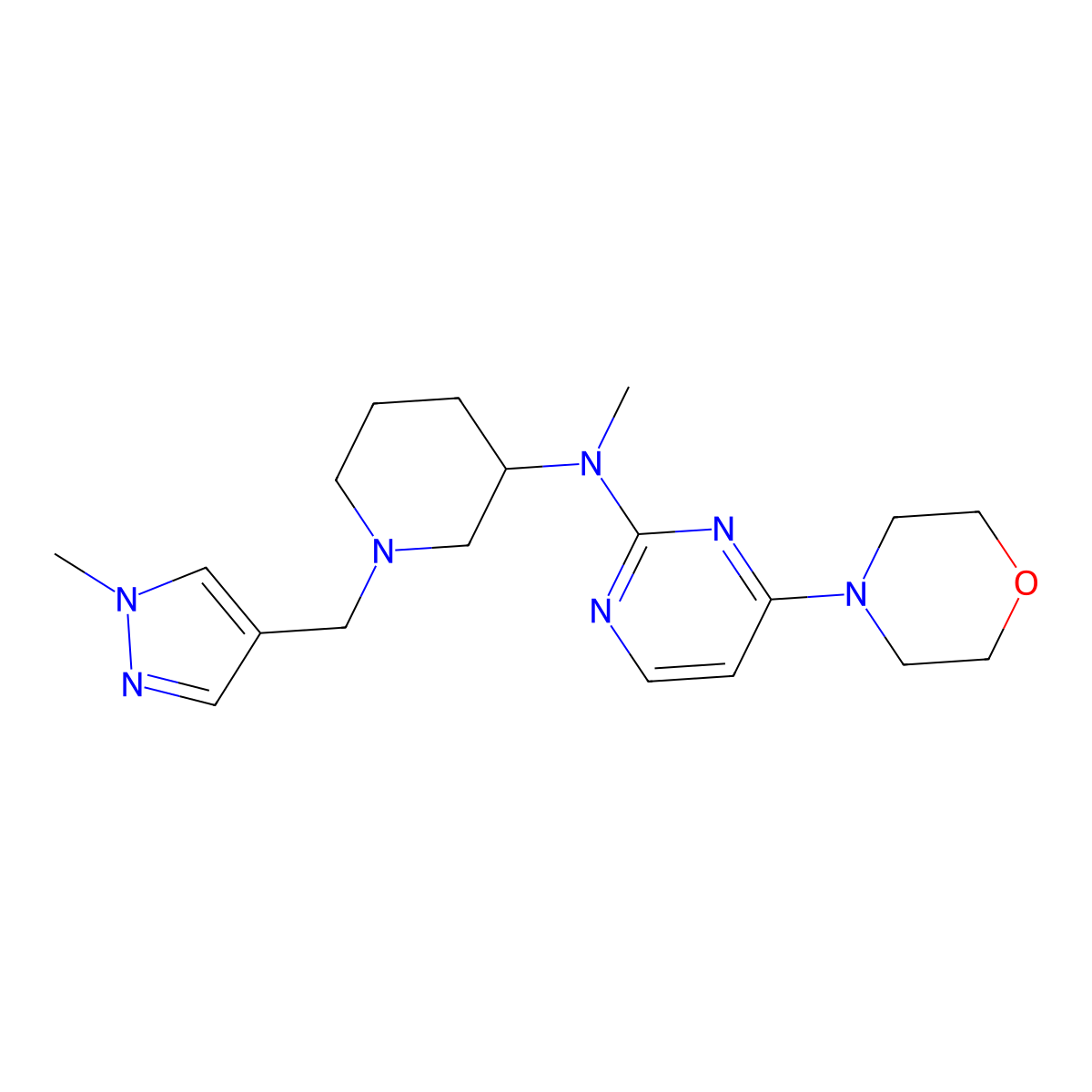 N-methyl-N-{1-[(1-methyl-1H-pyrazol-4-yl)methyl]piperidin-3-yl}-4-(morpholin-4-yl)pyrimidin-2-amine molecular structure, CAS 3054629-34-1