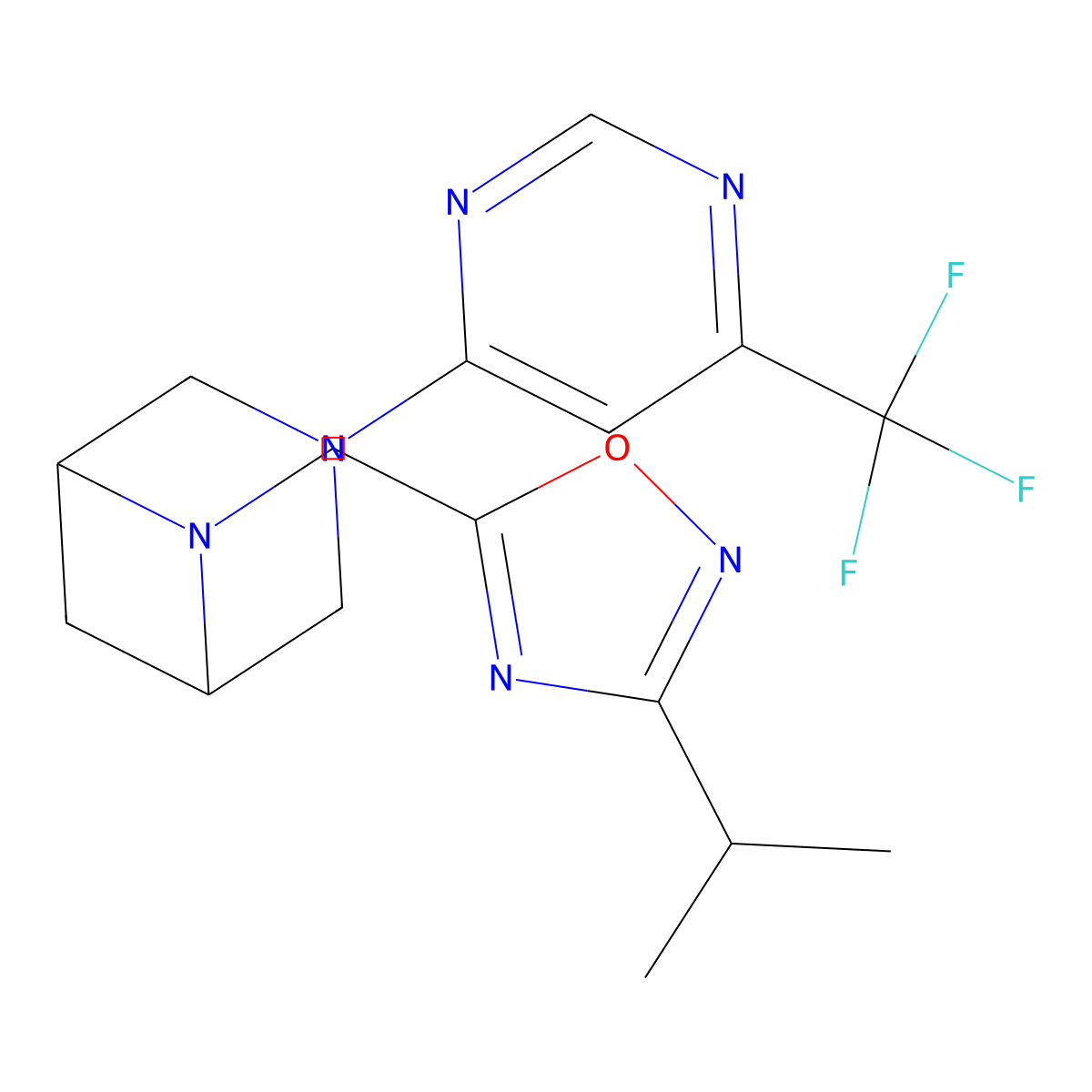 6-{[3-(Propan-2-yl)-1,2,4-oxadiazol-5-yl]methyl}-3-[6-(trifluoromethyl)pyrimidin-4-yl]-3,6-diazabicyclo[3.1.1]heptane molecular structure, CAS 3054629-38-5