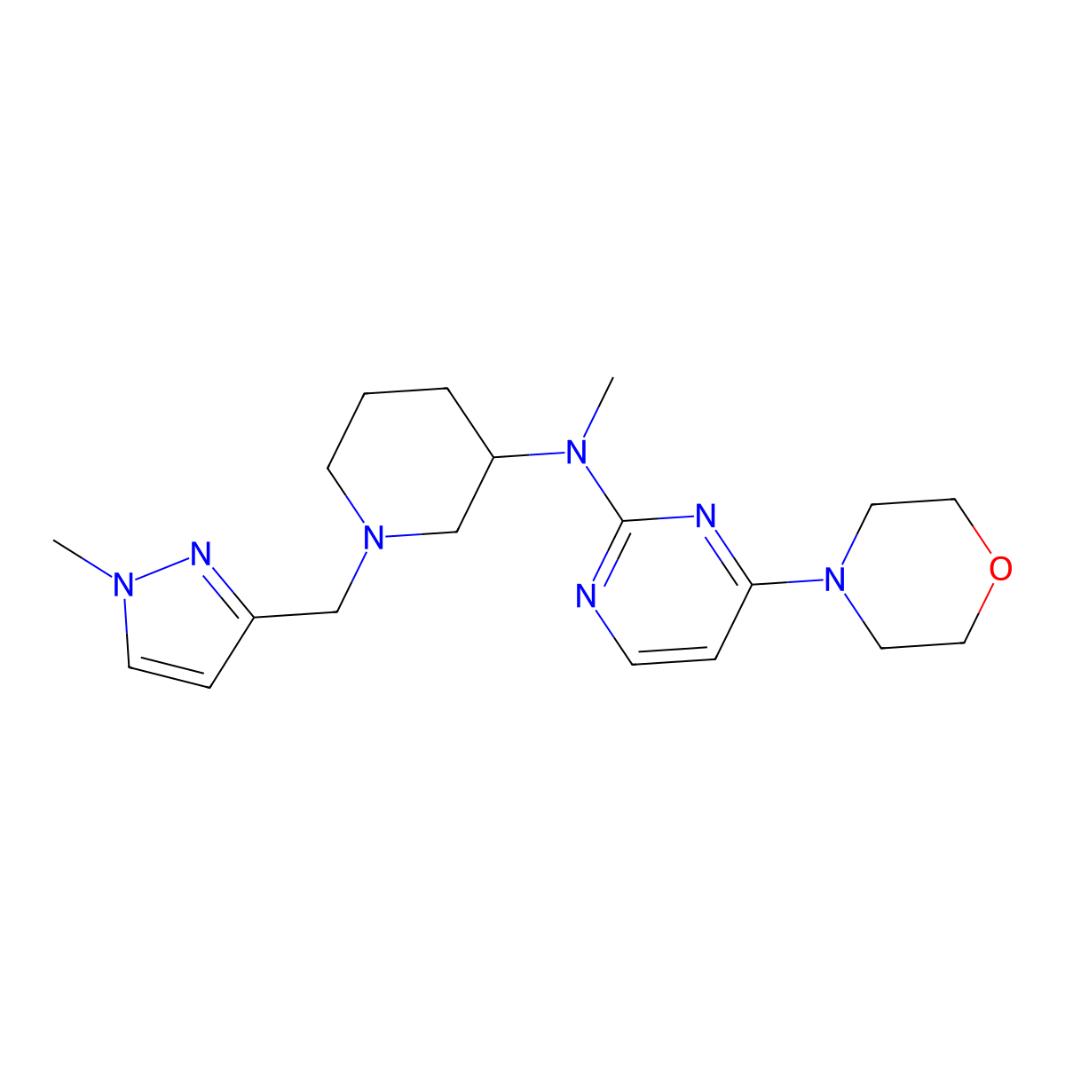 N-methyl-N-{1-[(1-methyl-1H-pyrazol-3-yl)methyl]piperidin-3-yl}-4-(morpholin-4-yl)pyrimidin-2-amine molecular structure, CAS 3054629-41-0