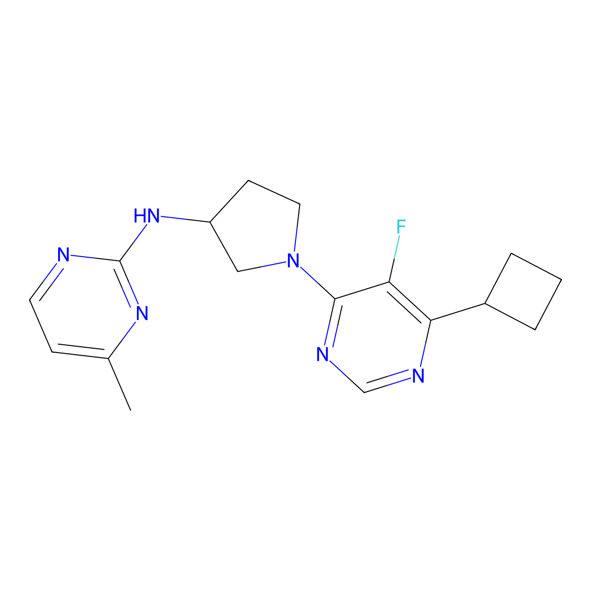 N-[1-(6-cyclobutyl-5-fluoropyrimidin-4-yl)pyrrolidin-3-yl]-4-methylpyrimidin-2-amine molecular structure, CAS 3054629-43-2