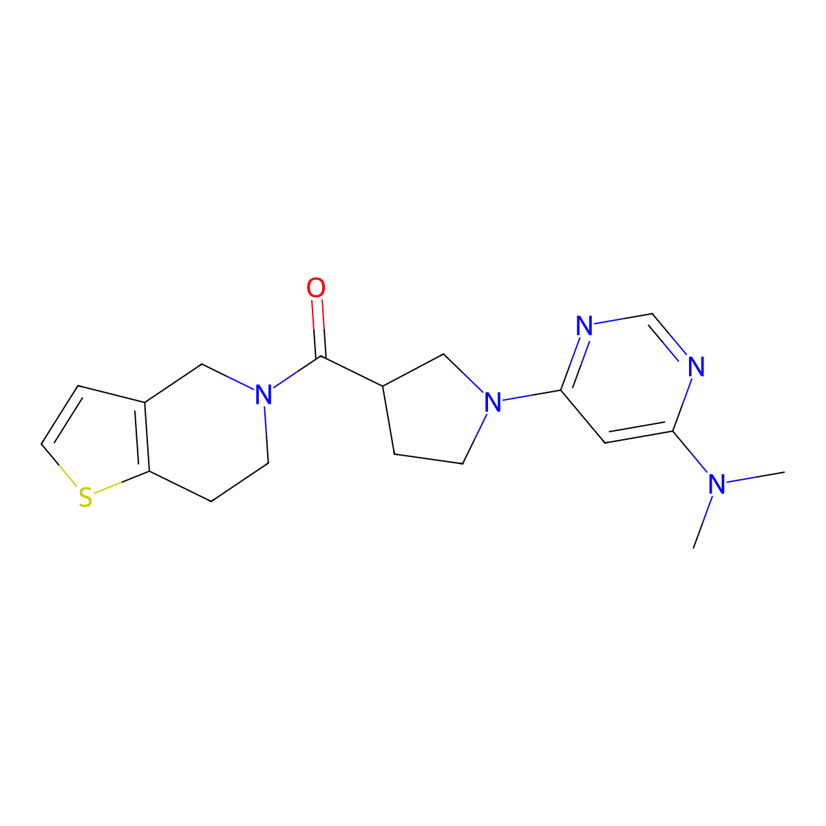 N,N-dimethyl-6-(3-{4H,5H,6H,7H-thieno[3,2-c]pyridine-5-carbonyl}pyrrolidin-1-yl)pyrimidin-4-amine molecular structure, CAS 3054629-51-2