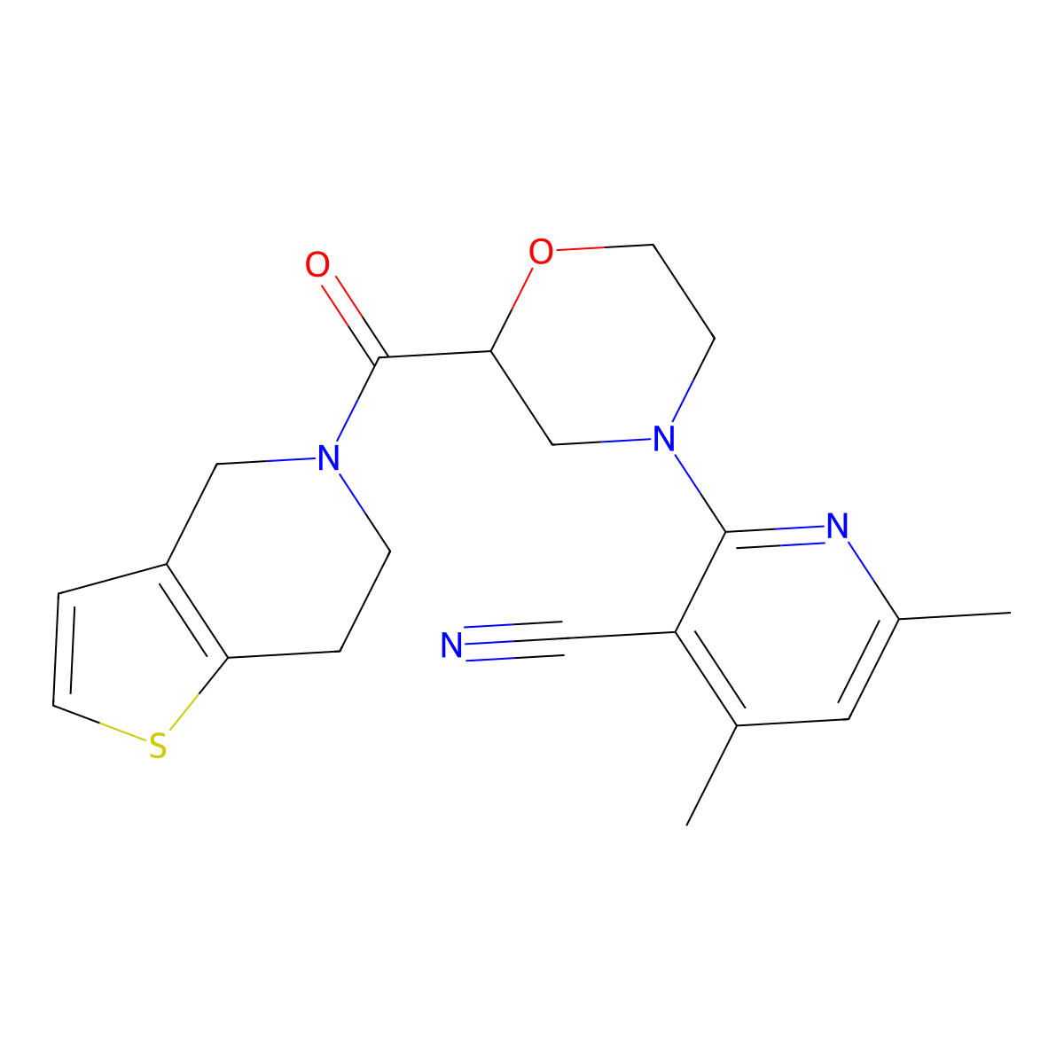 4,6-dimethyl-2-(2-{4H,5H,6H,7H-thieno[3,2-c]pyridine-5-carbonyl}morpholin-4-yl)pyridine-3-carbonitrile molecular structure, CAS 3054629-58-9