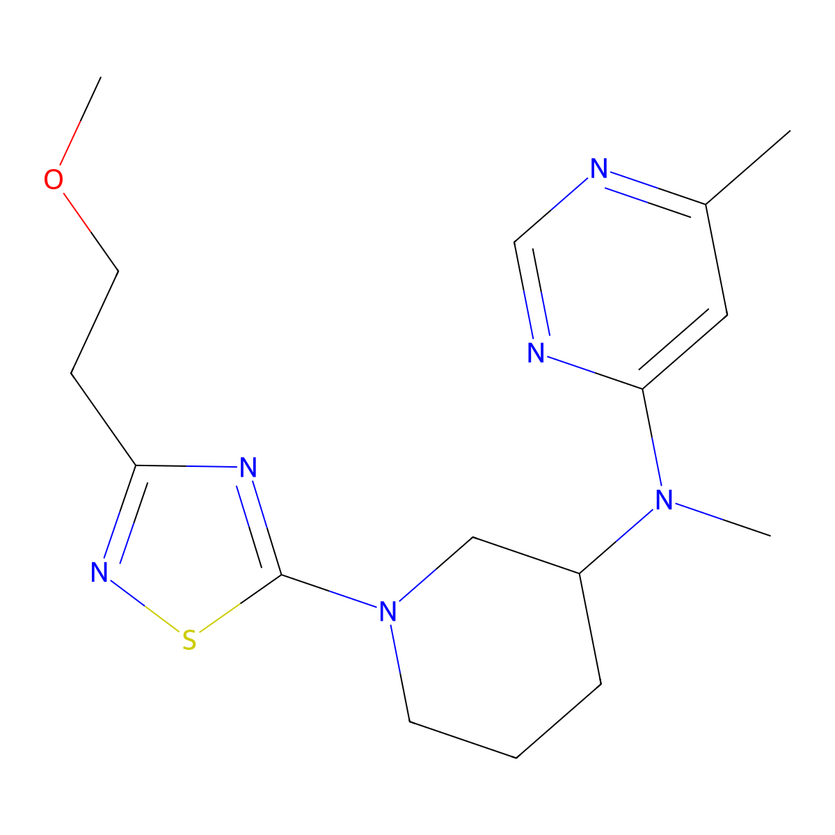 N-{1-[3-(2-methoxyethyl)-1,2,4-thiadiazol-5-yl]piperidin-3-yl}-N,6-dimethylpyrimidin-4-amine molecular structure, CAS 3054629-62-5
