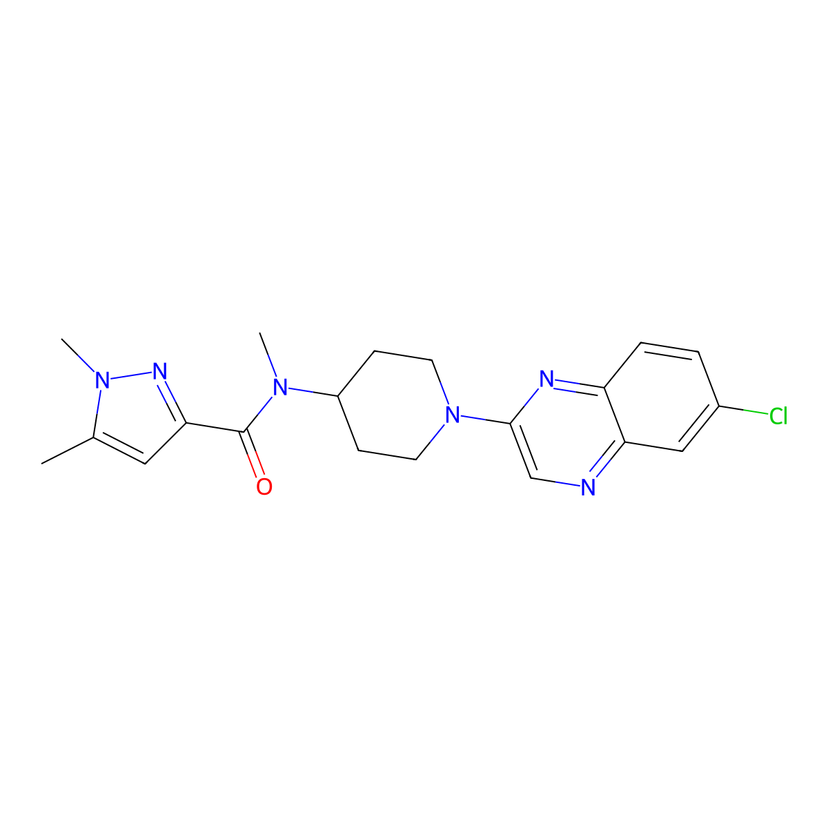 N-[1-(6-chloroquinoxalin-2-yl)piperidin-4-yl]-N,1,5-trimethyl-1H-pyrazole-3-carboxamide molecular structure, CAS 3054629-79-4