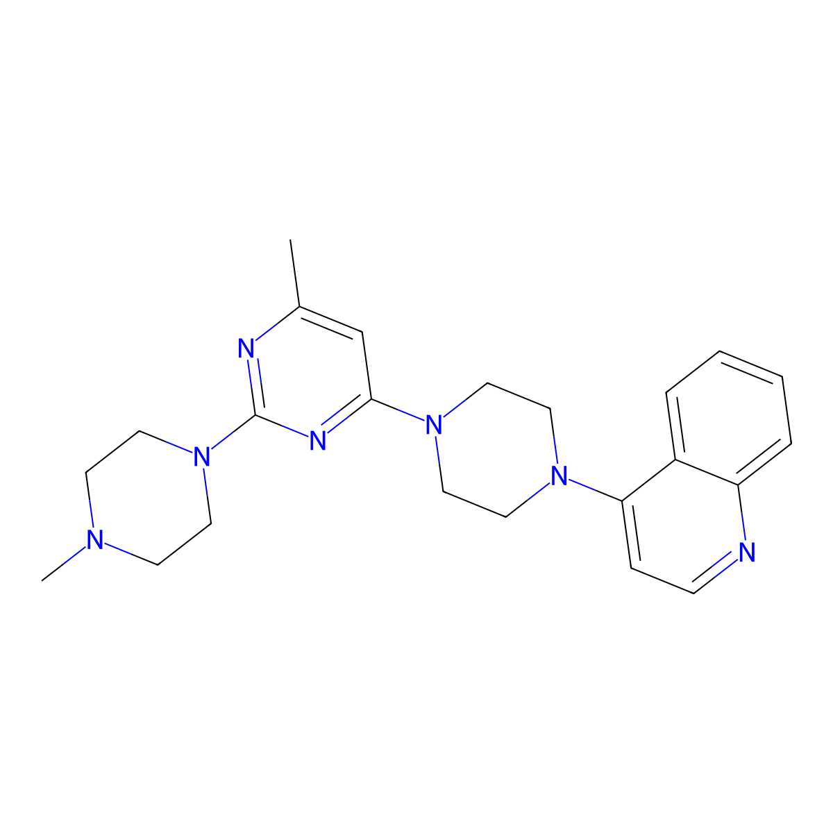 4-{4-[6-Methyl-2-(4-methylpiperazin-1-yl)pyrimidin-4-yl]piperazin-1-yl}quinoline molecular structure, CAS 3054629-82-9