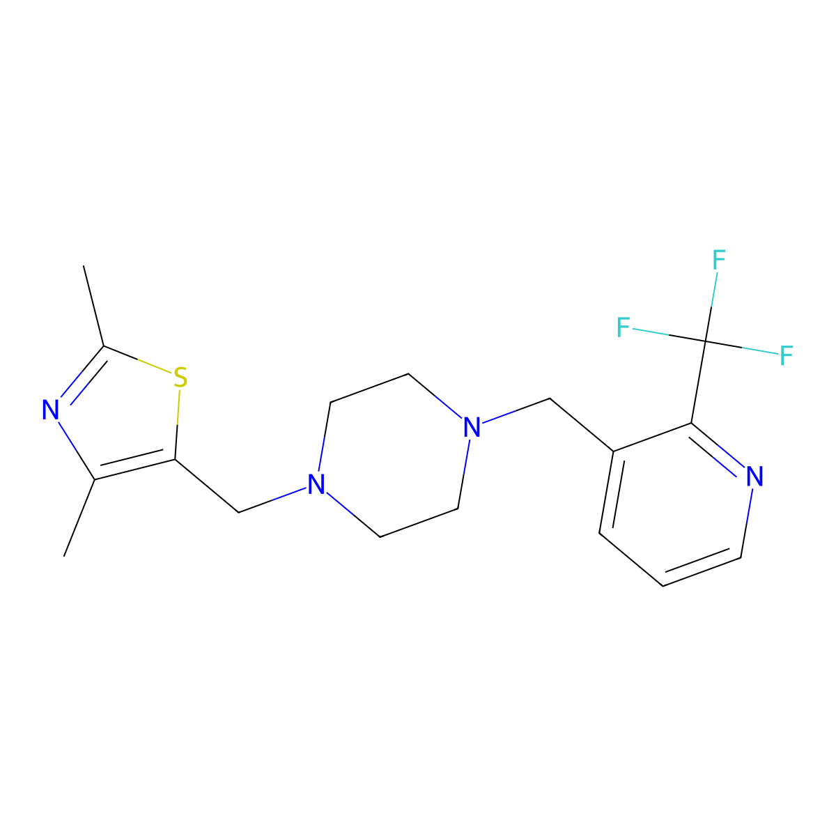 1-[(2,4-Dimethyl-1,3-thiazol-5-yl)methyl]-4-{[2-(trifluoromethyl)pyridin-3-yl]methyl}piperazine molecular structure, CAS 3054629-84-1