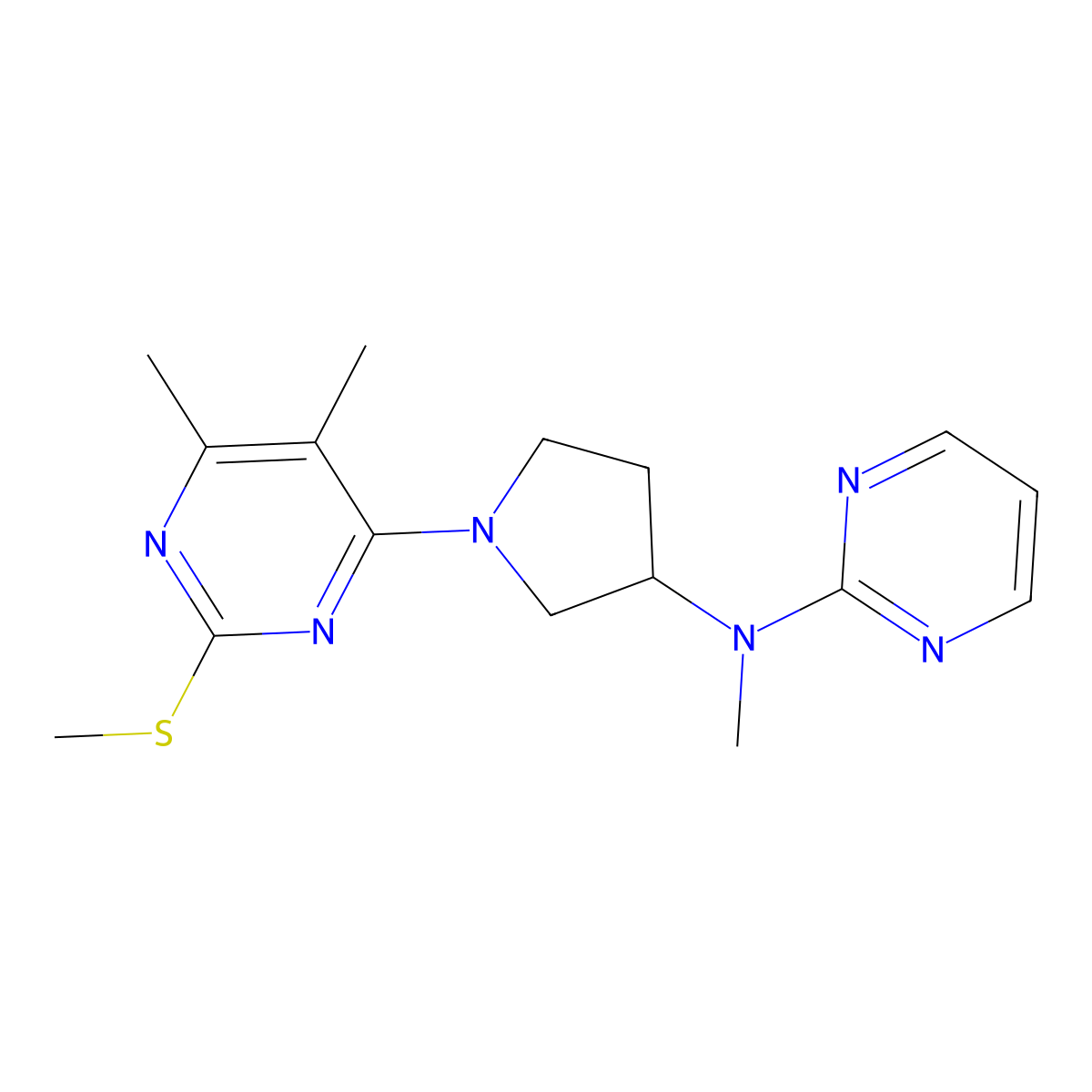 N-{1-[5,6-dimethyl-2-(methylsulfanyl)pyrimidin-4-yl]pyrrolidin-3-yl}-N-methylpyrimidin-2-amine molecular structure, CAS 3054629-86-3