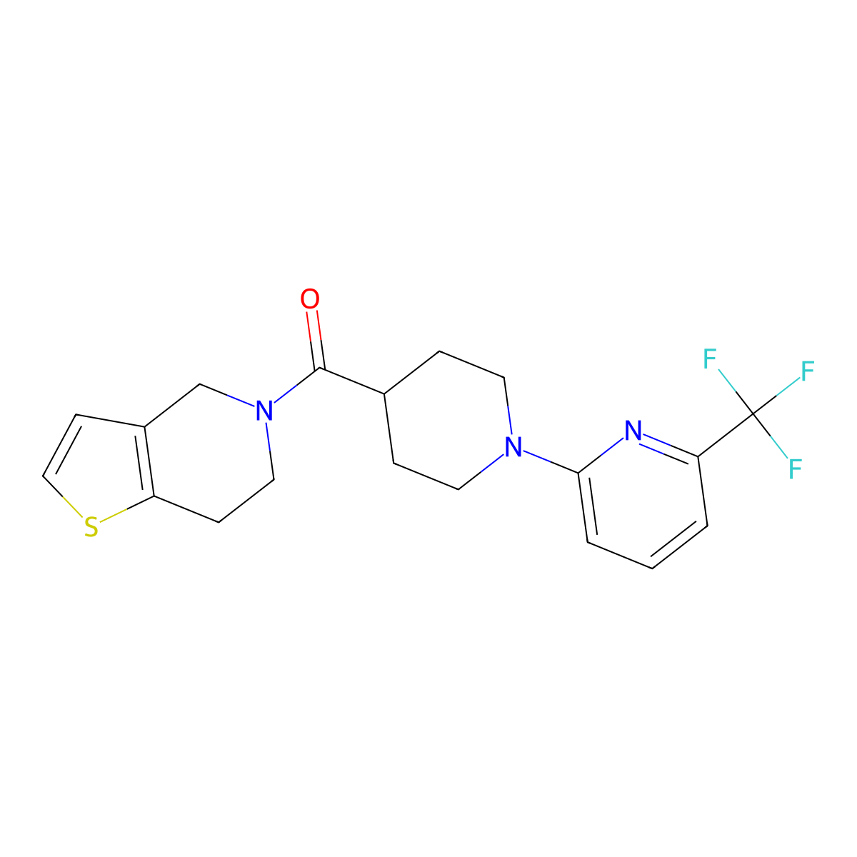 2-(4-{4H,5H,6H,7H-thieno[3,2-c]pyridine-5-carbonyl}piperidin-1-yl)-6-(trifluoromethyl)pyridine molecular structure, CAS 3054630-00-8