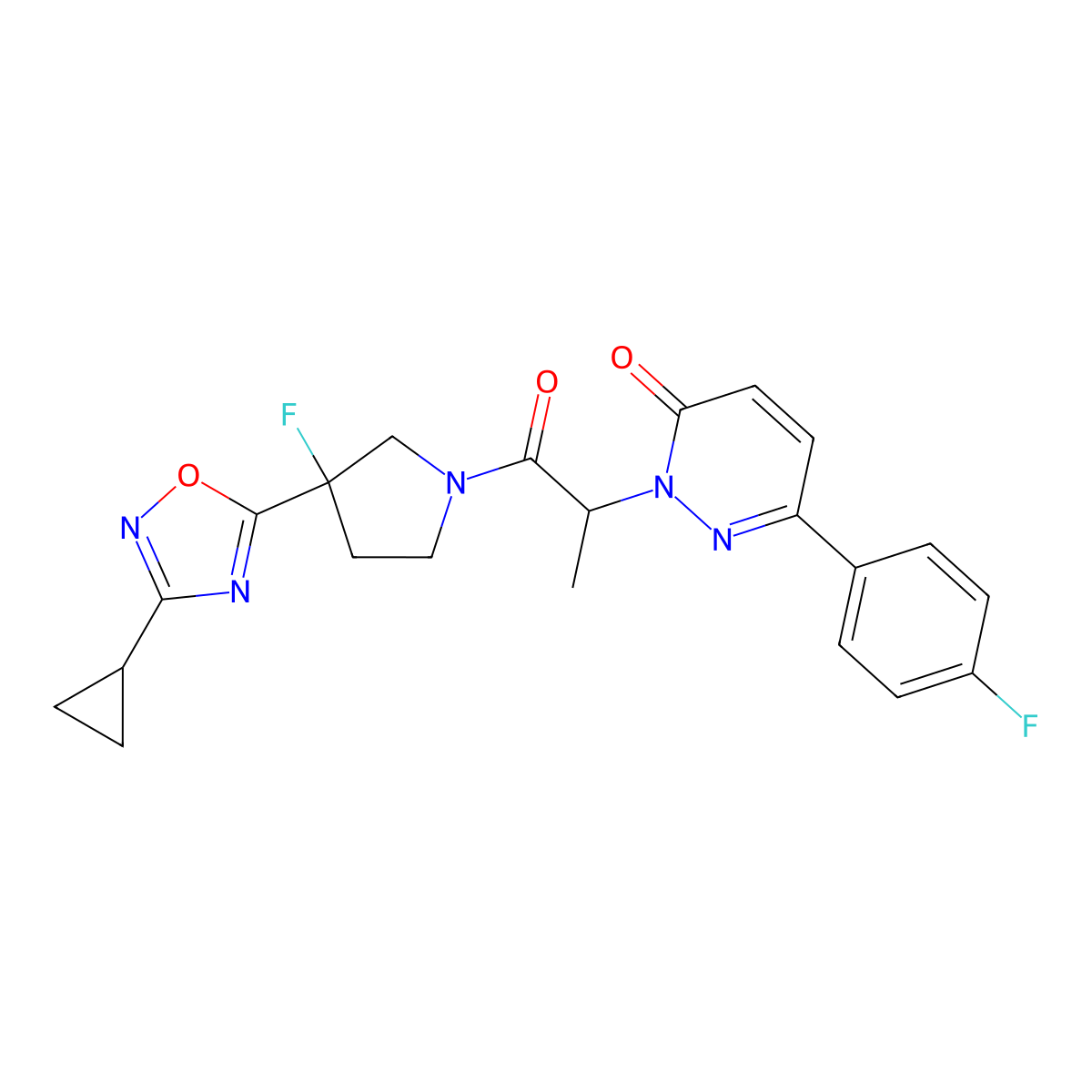 2-{1-[3-(3-Cyclopropyl-1,2,4-oxadiazol-5-yl)-3-fluoropyrrolidin-1-yl]-1-oxopropan-2-yl}-6-(4-fluorophenyl)-2,3-dihydropyridazin-3-one molecular structure, CAS 3054630-03-1