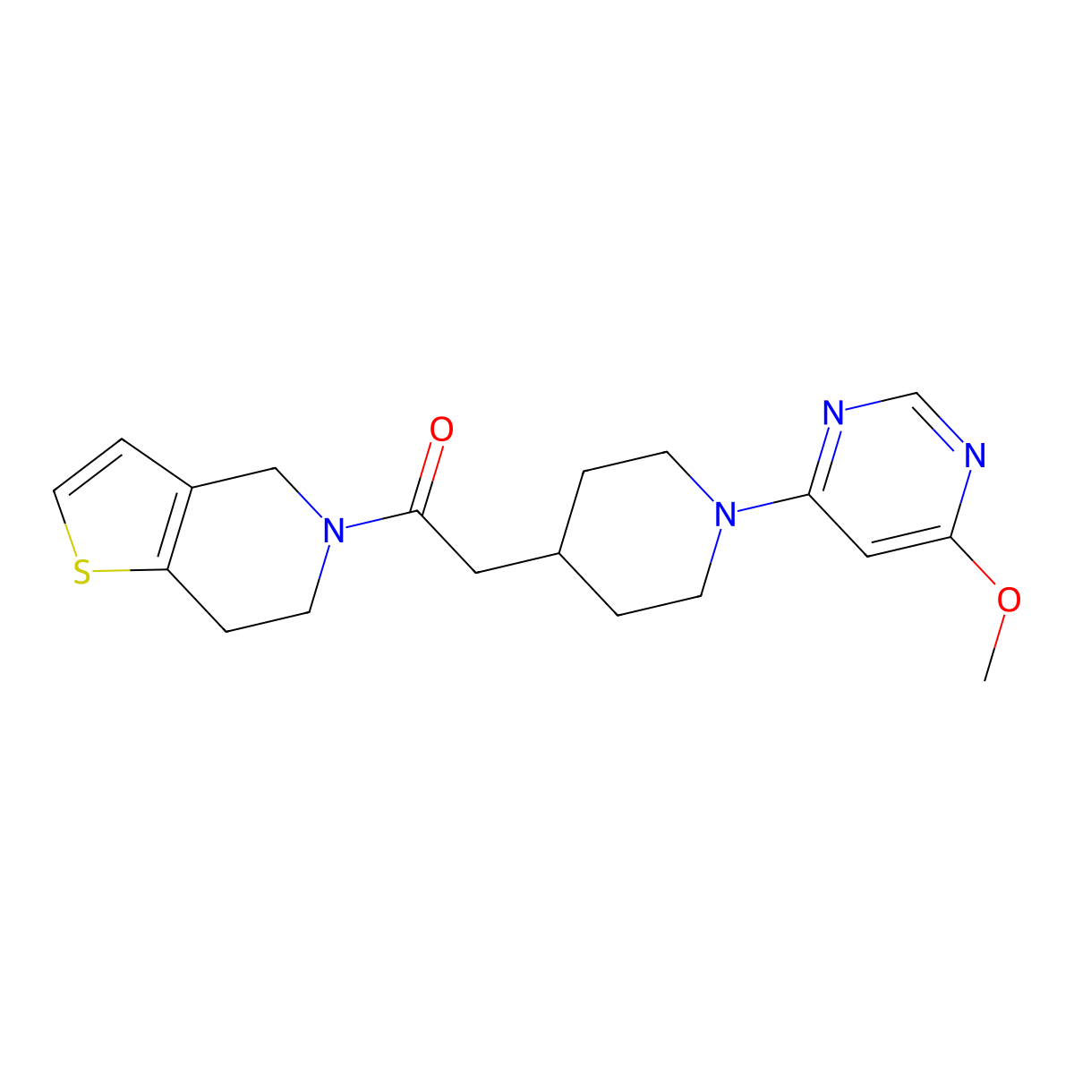 2-[1-(6-methoxypyrimidin-4-yl)piperidin-4-yl]-1-{4H,5H,6H,7H-thieno[3,2-c]pyridin-5-yl}ethan-1-one molecular structure, CAS 3054630-05-3