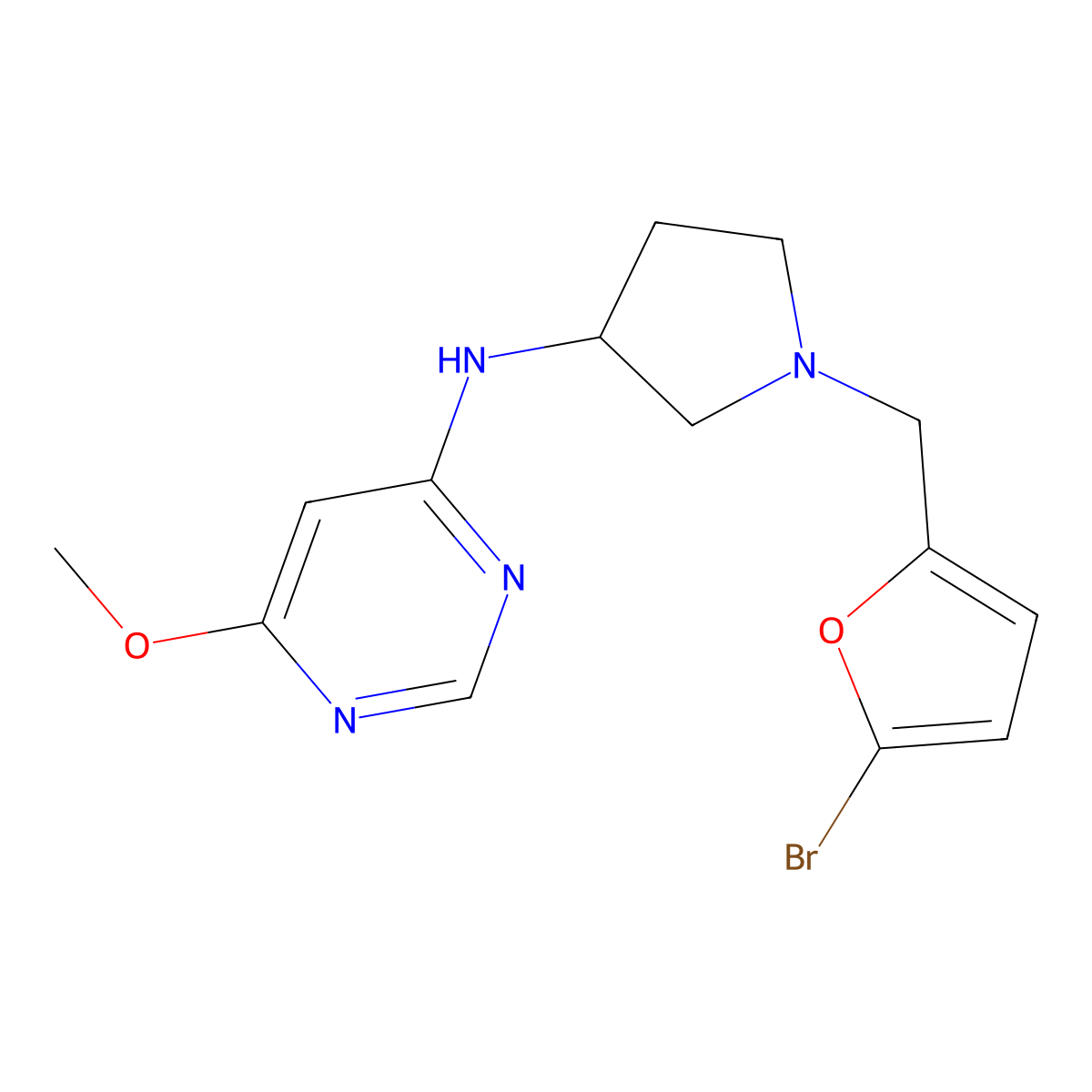 N-{1-[(5-bromofuran-2-yl)methyl]pyrrolidin-3-yl}-6-methoxypyrimidin-4-amine molecular structure, CAS 3054630-07-5