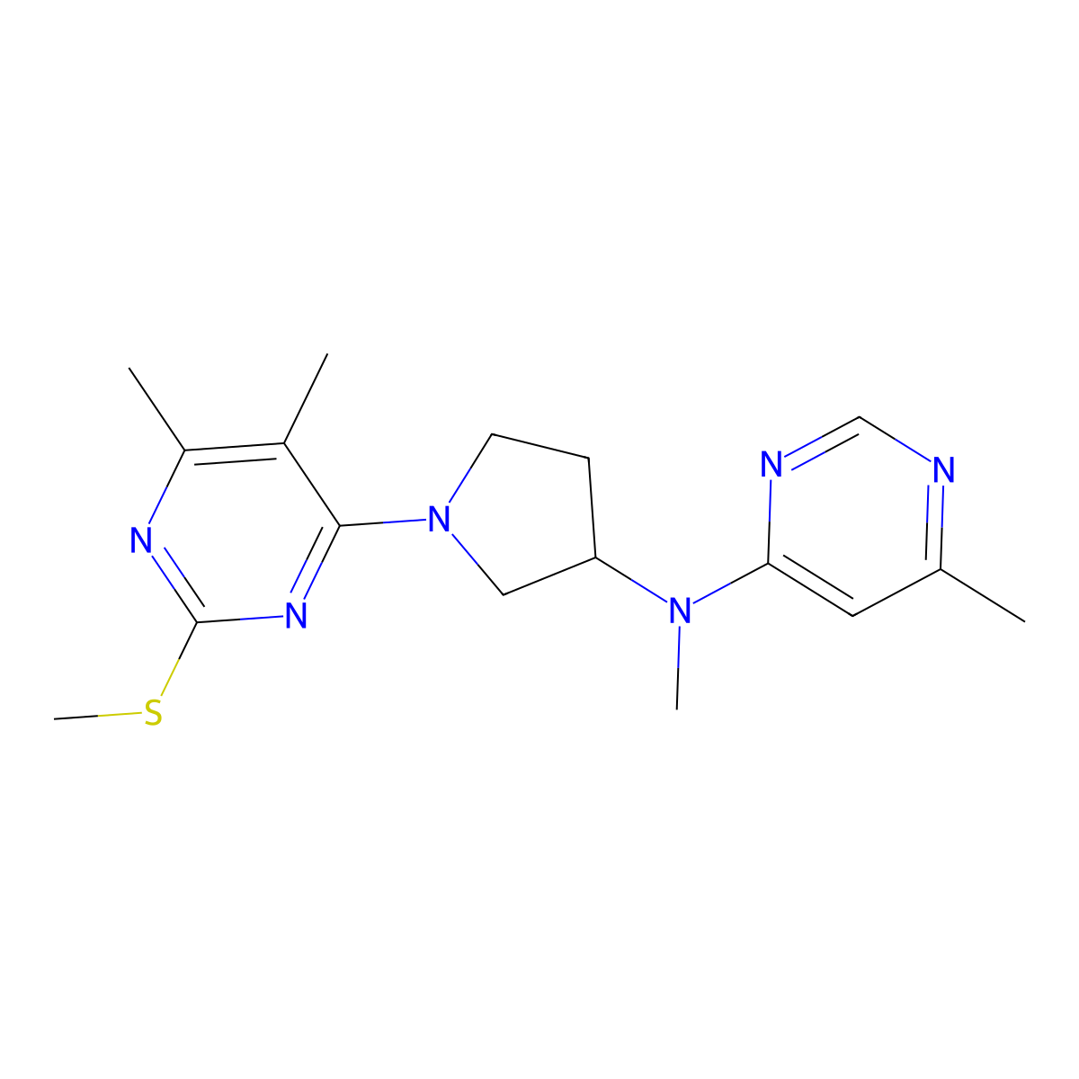 N-{1-[5,6-dimethyl-2-(methylsulfanyl)pyrimidin-4-yl]pyrrolidin-3-yl}-N,6-dimethylpyrimidin-4-amine molecular structure, CAS 3054630-15-5