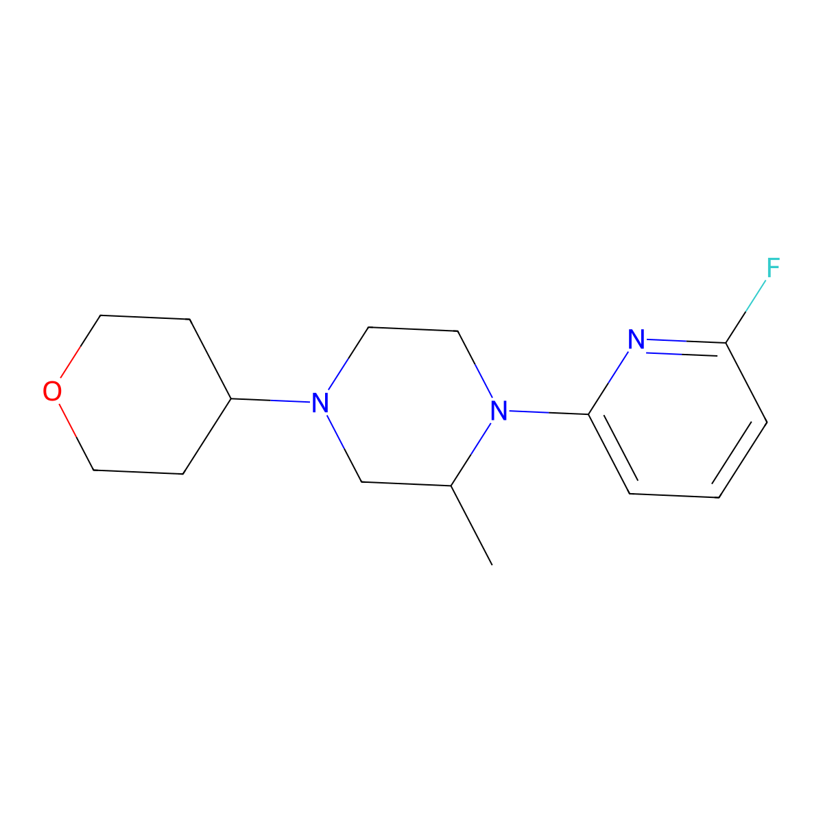 1-(6-Fluoropyridin-2-yl)-2-methyl-4-(oxan-4-yl)piperazine molecular structure, CAS 3054630-16-6