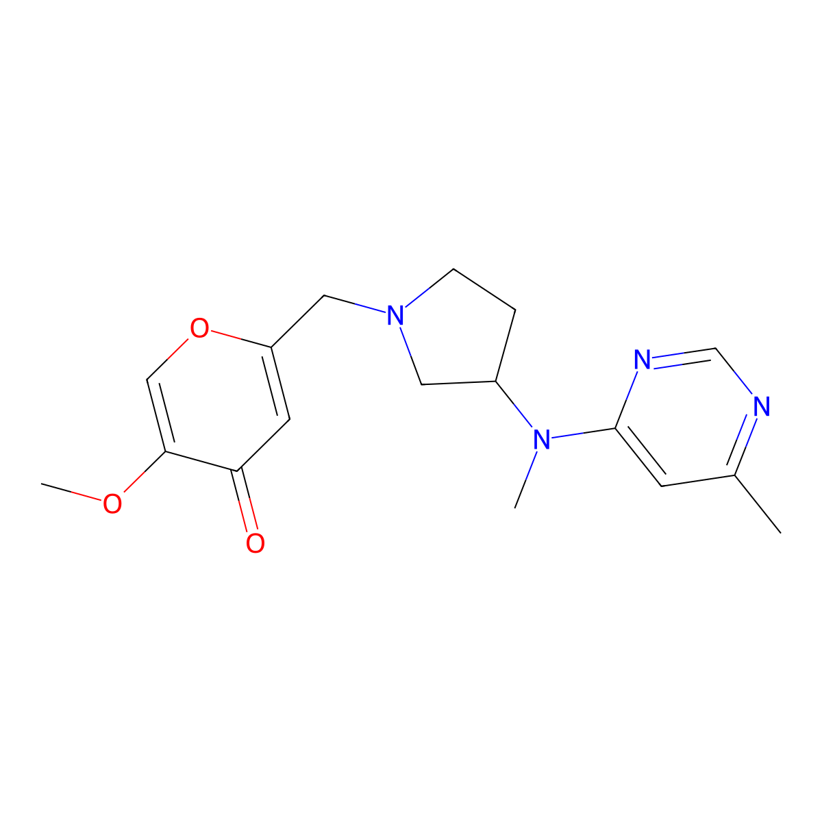 5-methoxy-2-({3-[methyl(6-methylpyrimidin-4-yl)amino]pyrrolidin-1-yl}methyl)-4H-pyran-4-one molecular structure, CAS 3054630-23-5