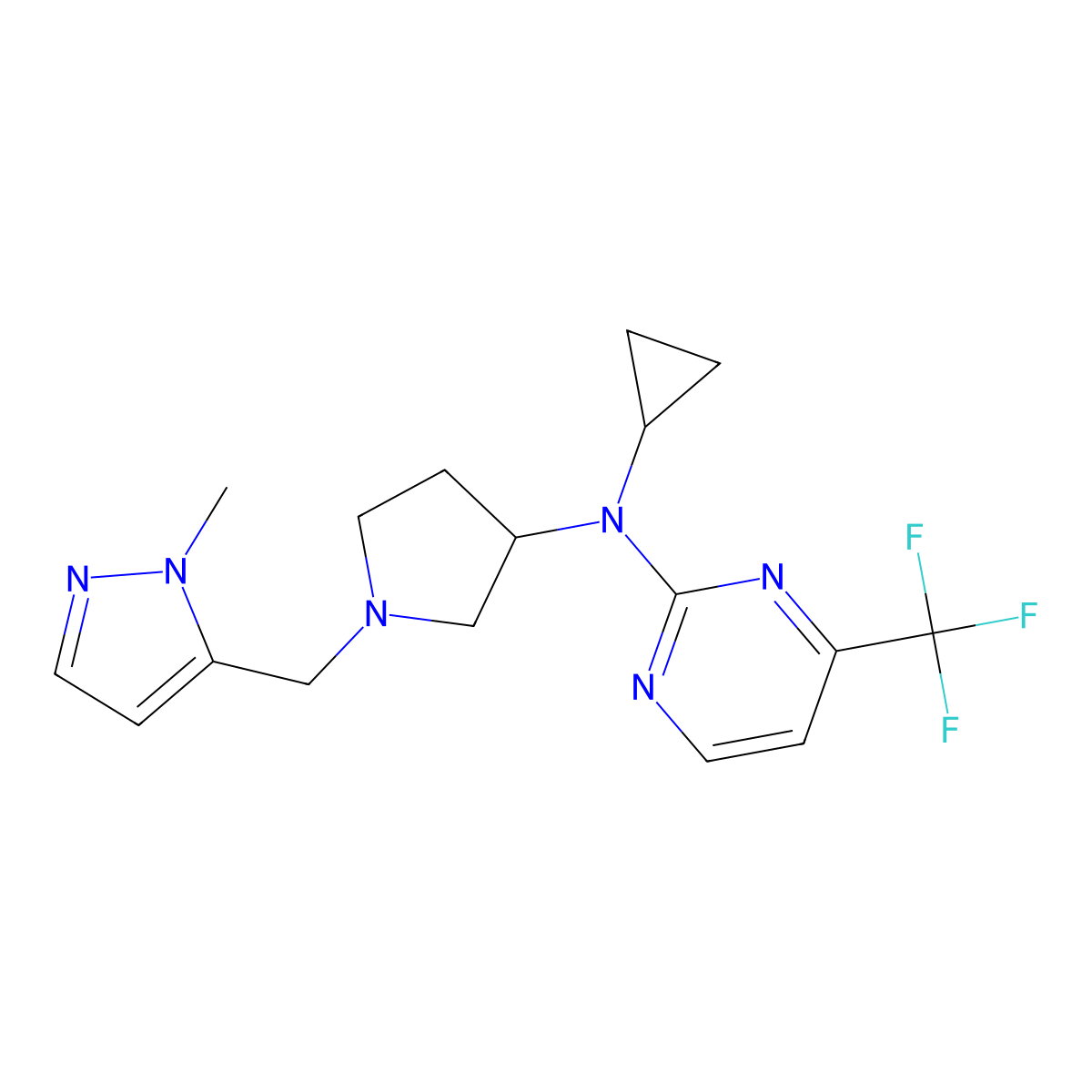 N-cyclopropyl-N-{1-[(1-methyl-1H-pyrazol-5-yl)methyl]pyrrolidin-3-yl}-4-(trifluoromethyl)pyrimidin-2-amine molecular structure, CAS 3054630-24-6