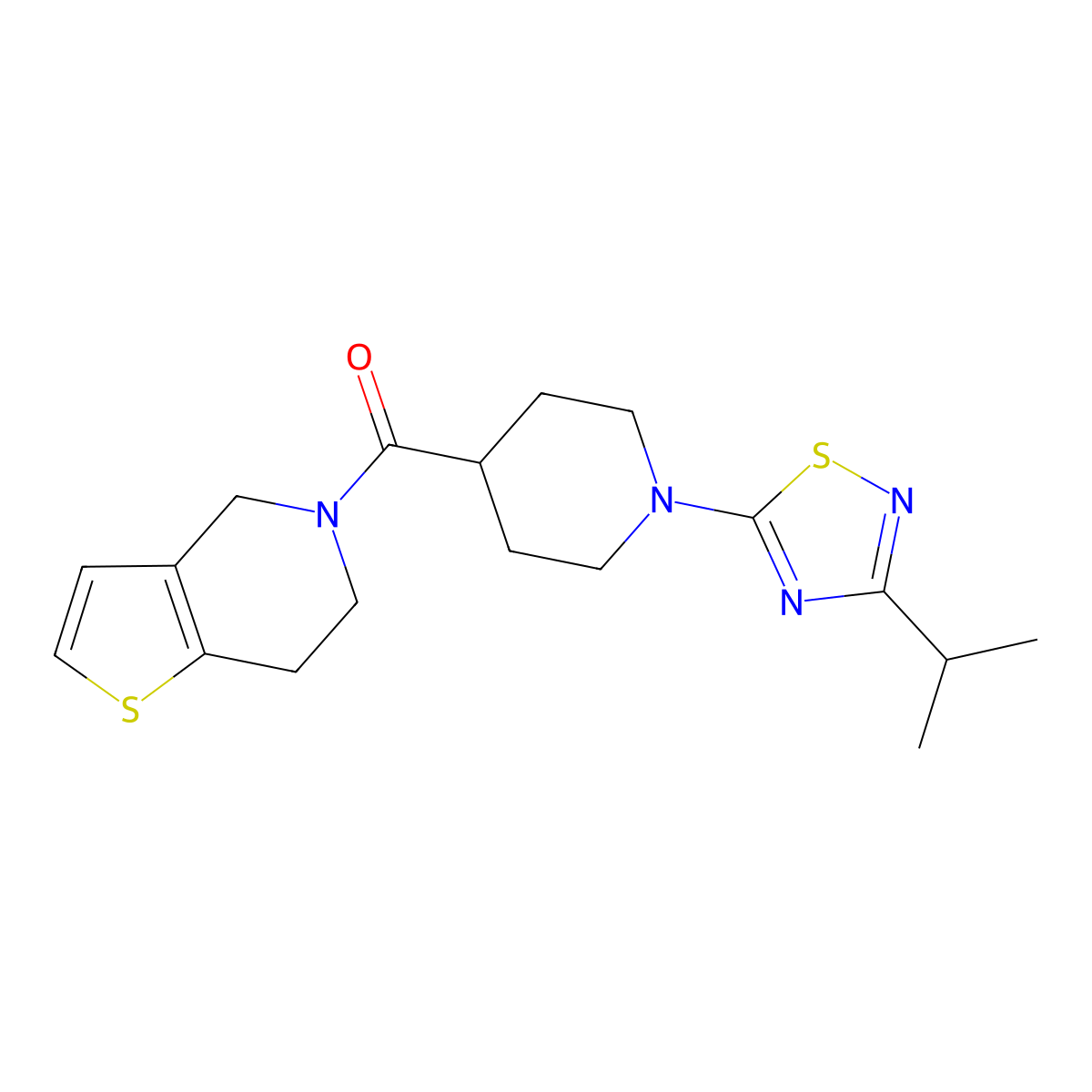 1-[3-(propan-2-yl)-1,2,4-thiadiazol-5-yl]-4-{4H,5H,6H,7H-thieno[3,2-c]pyridine-5-carbonyl}piperidine molecular structure, CAS 3054630-26-8