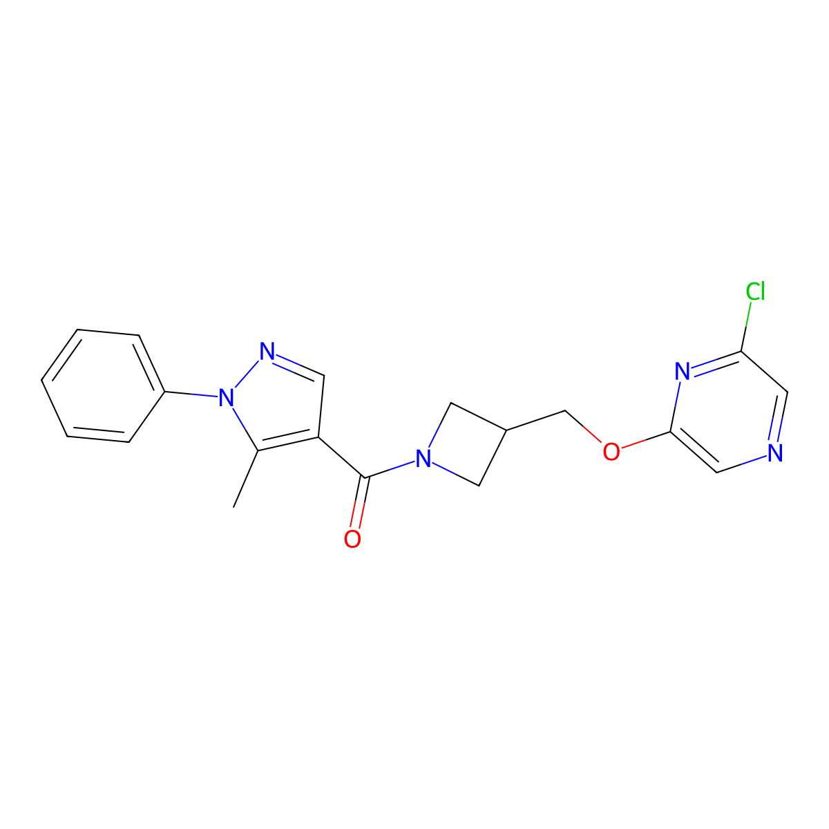 2-chloro-6-{[1-(5-methyl-1-phenyl-1H-pyrazole-4-carbonyl)azetidin-3-yl]methoxy}pyrazine molecular structure, CAS 3054630-34-8