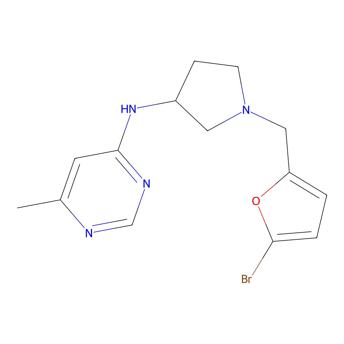N-{1-[(5-bromofuran-2-yl)methyl]pyrrolidin-3-yl}-6-methylpyrimidin-4-amine molecular structure, CAS 3054630-35-9