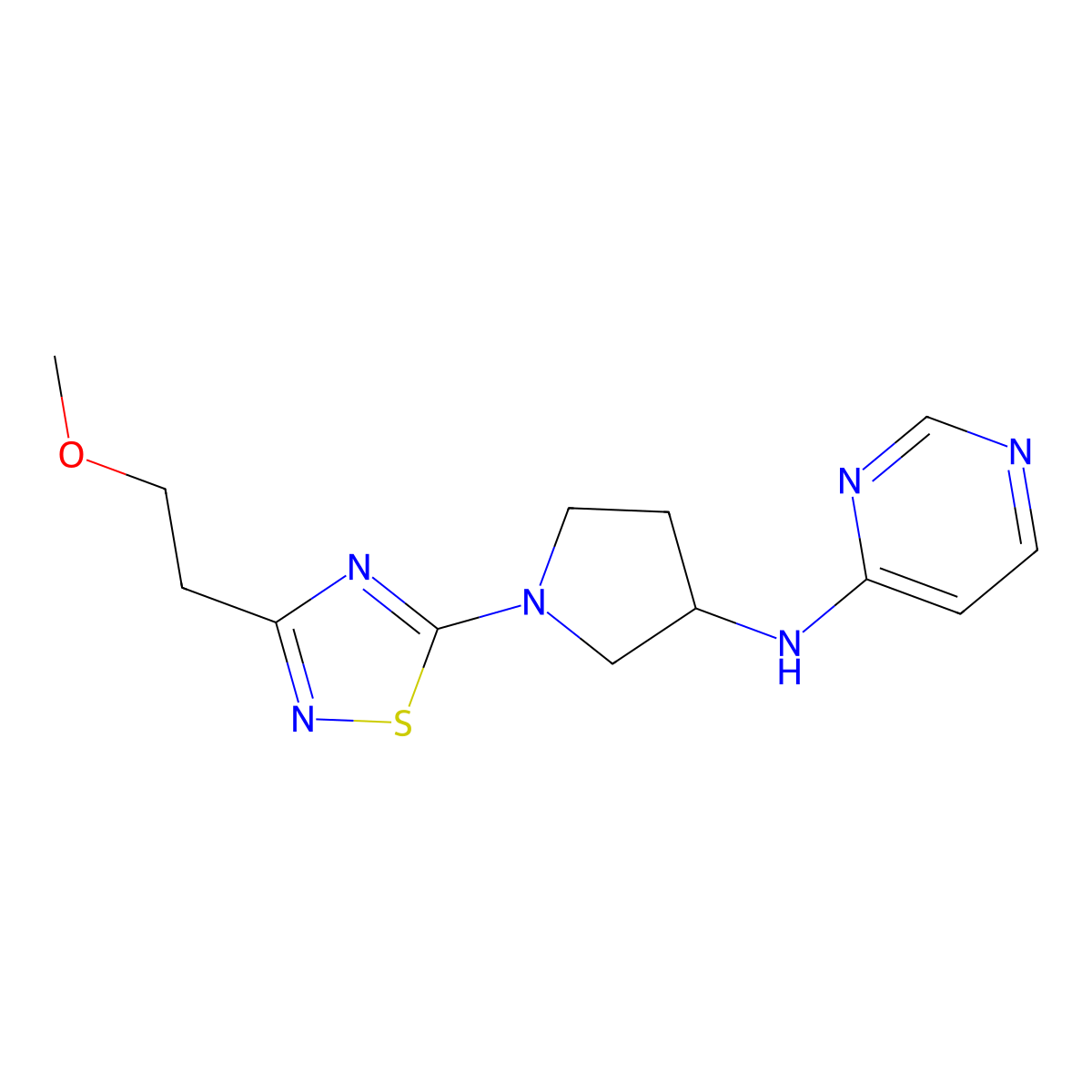 N-{1-[3-(2-methoxyethyl)-1,2,4-thiadiazol-5-yl]pyrrolidin-3-yl}pyrimidin-4-amine molecular structure, CAS 3054630-45-1