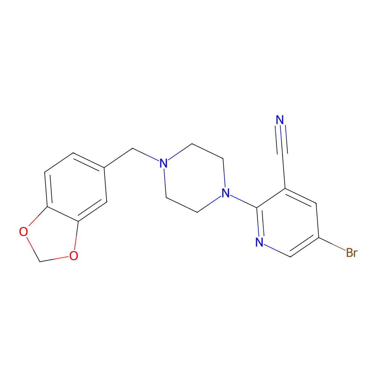 2-{4-[(2H-1,3-benzodioxol-5-yl)methyl]piperazin-1-yl}-5-bromopyridine-3-carbonitrile molecular structure, CAS 3054630-46-2