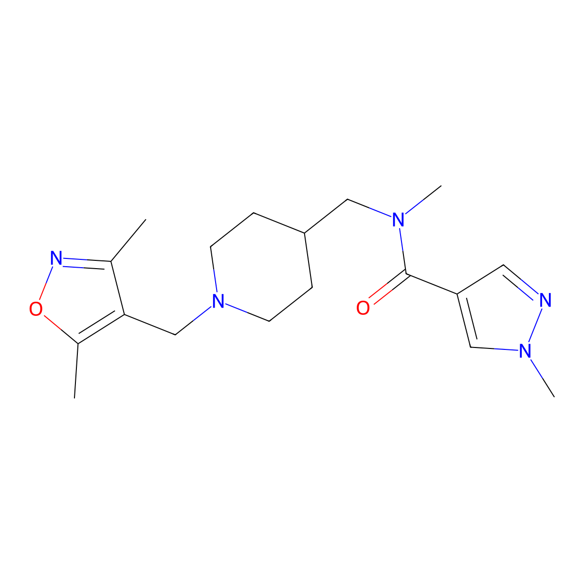 N-({1-[(3,5-dimethyl-1,2-oxazol-4-yl)methyl]piperidin-4-yl}methyl)-N,1-dimethyl-1H-pyrazole-4-carboxamide molecular structure, CAS 3054630-49-5