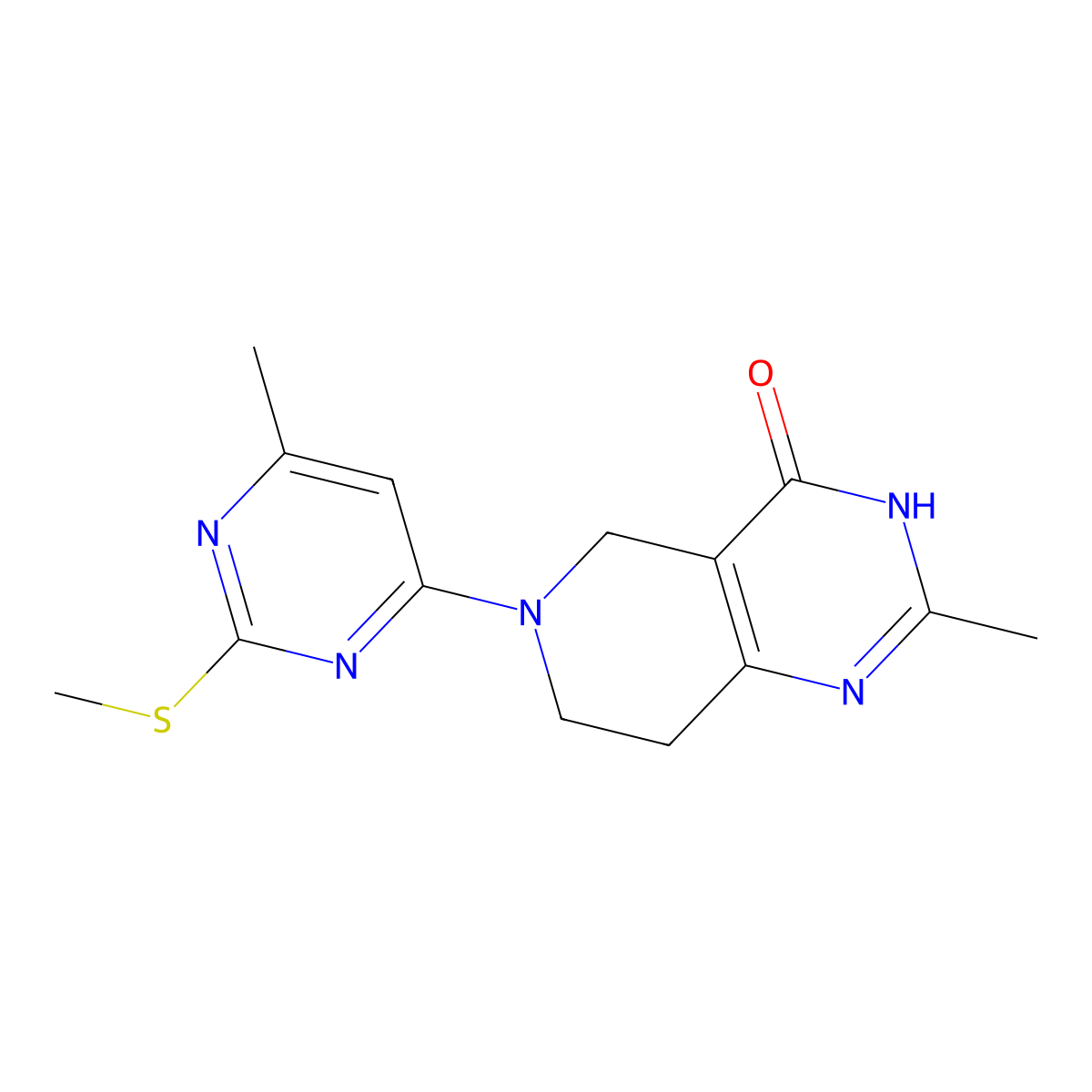 2-methyl-6-[6-methyl-2-(methylsulfanyl)pyrimidin-4-yl]-3H,4H,5H,6H,7H,8H-pyrido[4,3-d]pyrimidin-4-one molecular structure, CAS 3054630-50-8