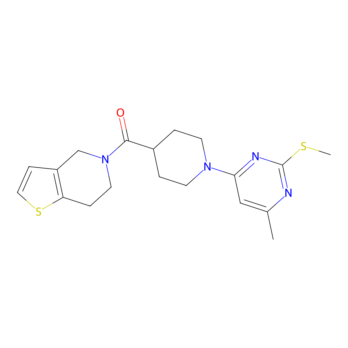 4-methyl-2-(methylsulfanyl)-6-(4-{4H,5H,6H,7H-thieno[3,2-c]pyridine-5-carbonyl}piperidin-1-yl)pyrimidine molecular structure, CAS 3054630-54-2