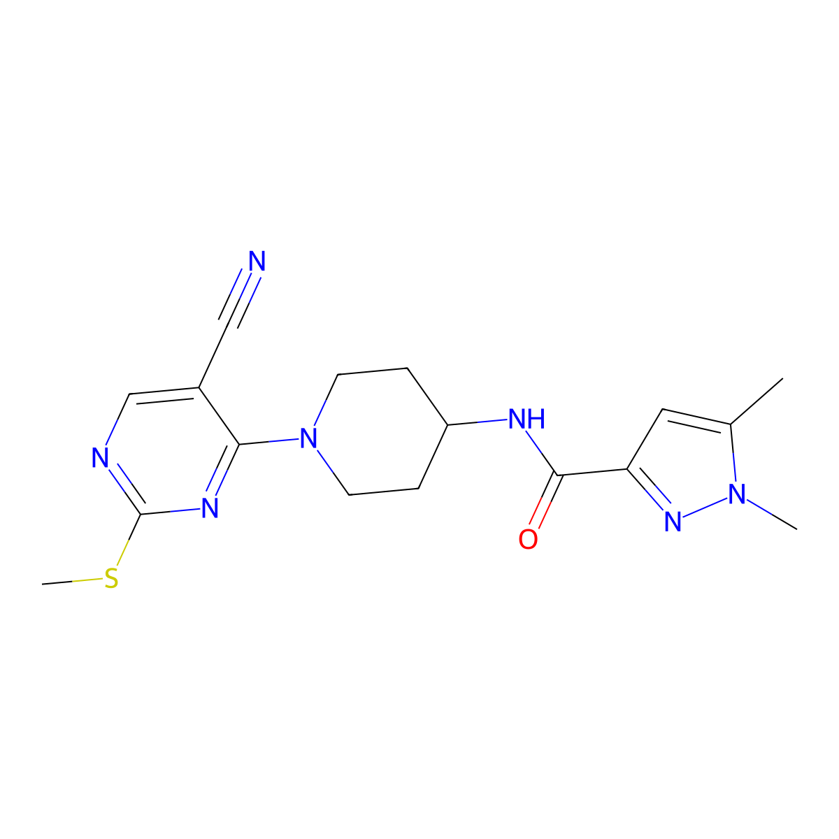 N-{1-[5-cyano-2-(methylsulfanyl)pyrimidin-4-yl]piperidin-4-yl}-1,5-dimethyl-1H-pyrazole-3-carboxamide molecular structure, CAS 3054630-64-4