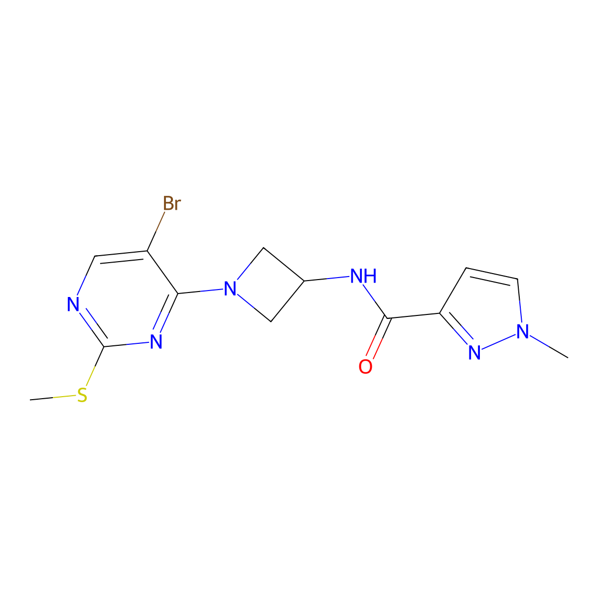N-{1-[5-bromo-2-(methylsulfanyl)pyrimidin-4-yl]azetidin-3-yl}-1-methyl-1H-pyrazole-3-carboxamide molecular structure, CAS 3054630-68-8