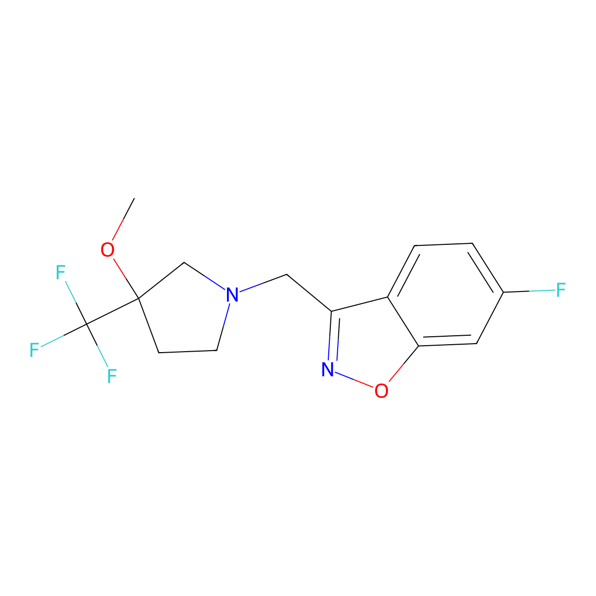 6-Fluoro-3-{[3-methoxy-3-(trifluoromethyl)pyrrolidin-1-yl]methyl}-1,2-benzoxazole molecular structure, CAS 3054630-79-1