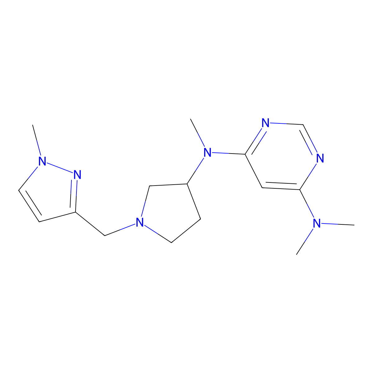 N4,N4,N6-trimethyl-N6-{1-[(1-methyl-1H-pyrazol-3-yl)methyl]pyrrolidin-3-yl}pyrimidine-4,6-diamine molecular structure, CAS 3054630-80-4
