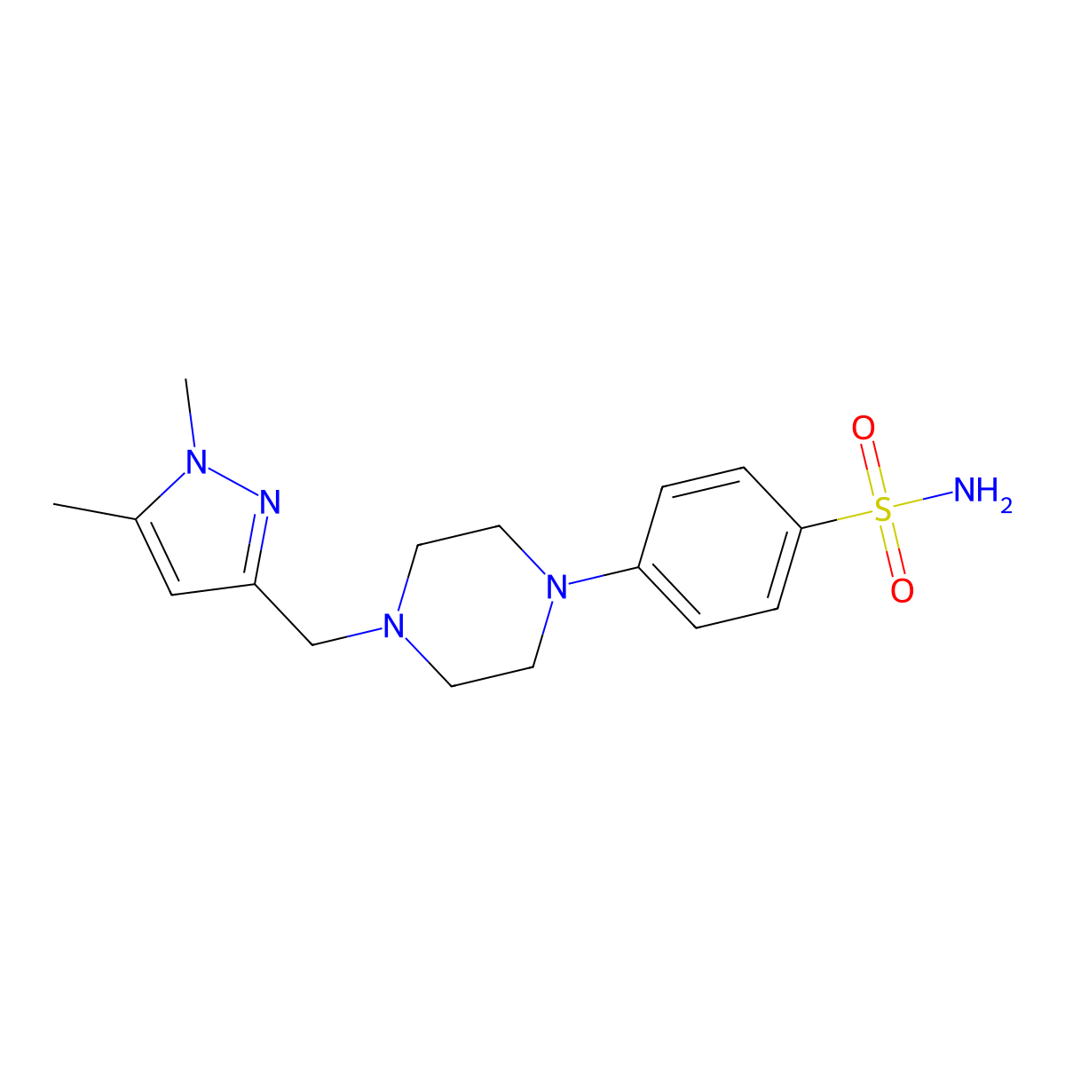 4-{4-[(1,5-dimethyl-1H-pyrazol-3-yl)methyl]piperazin-1-yl}benzene-1-sulfonamide molecular structure, CAS 3054630-82-6