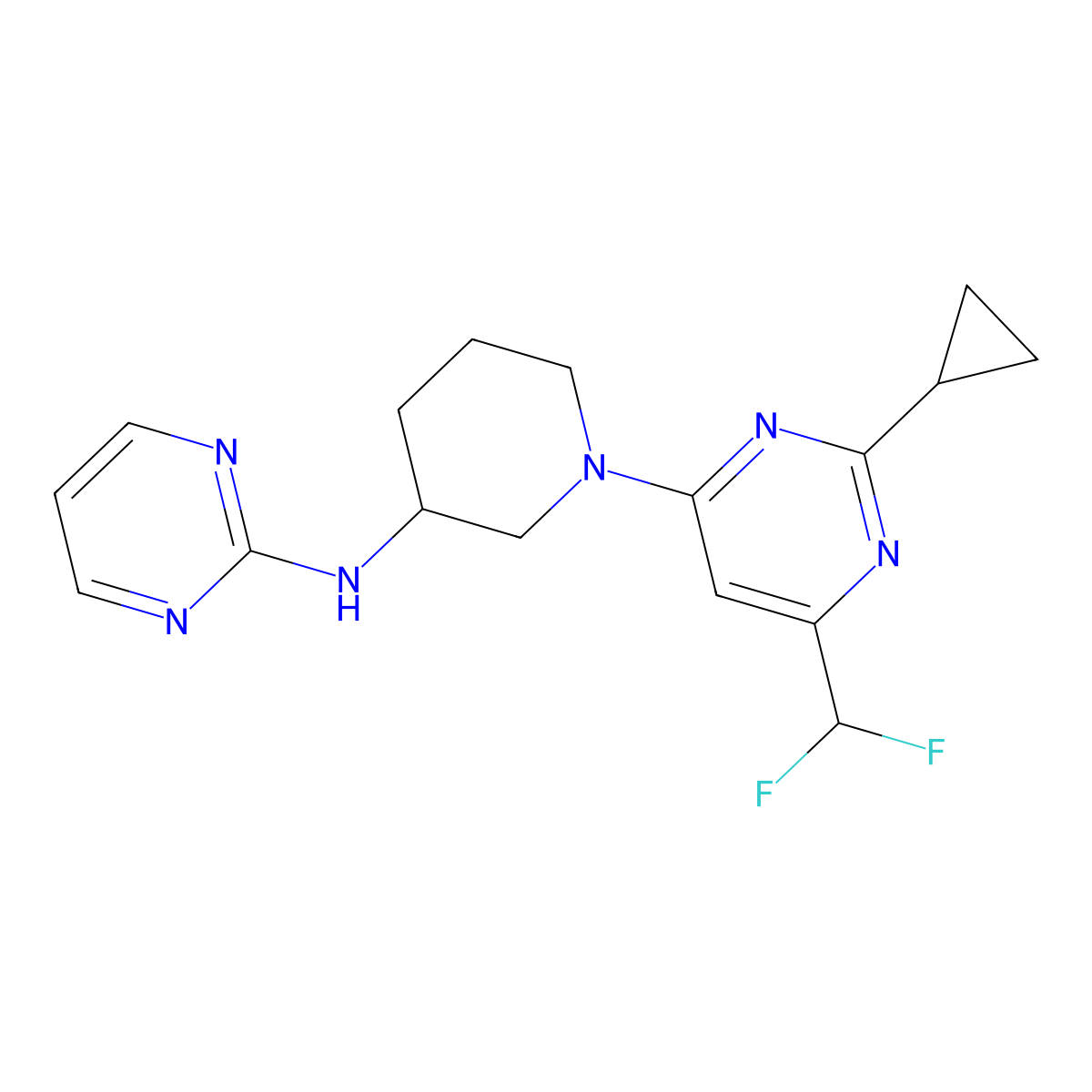 N-{1-[2-cyclopropyl-6-(difluoromethyl)pyrimidin-4-yl]piperidin-3-yl}pyrimidin-2-amine molecular structure, CAS 3054630-83-7