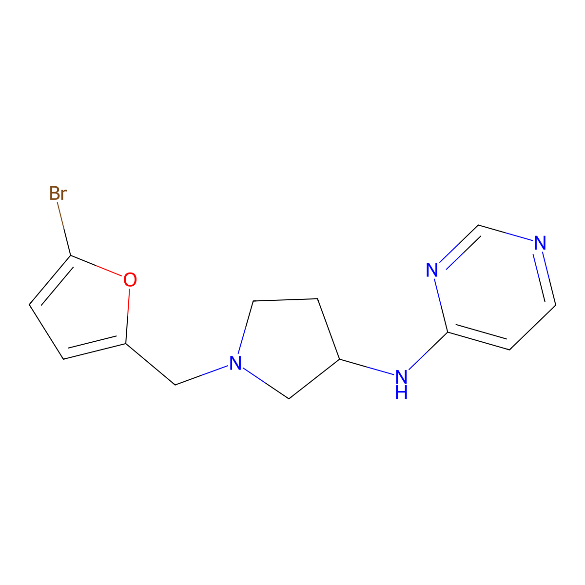 N-{1-[(5-bromofuran-2-yl)methyl]pyrrolidin-3-yl}pyrimidin-4-amine molecular structure, CAS 3054630-88-2