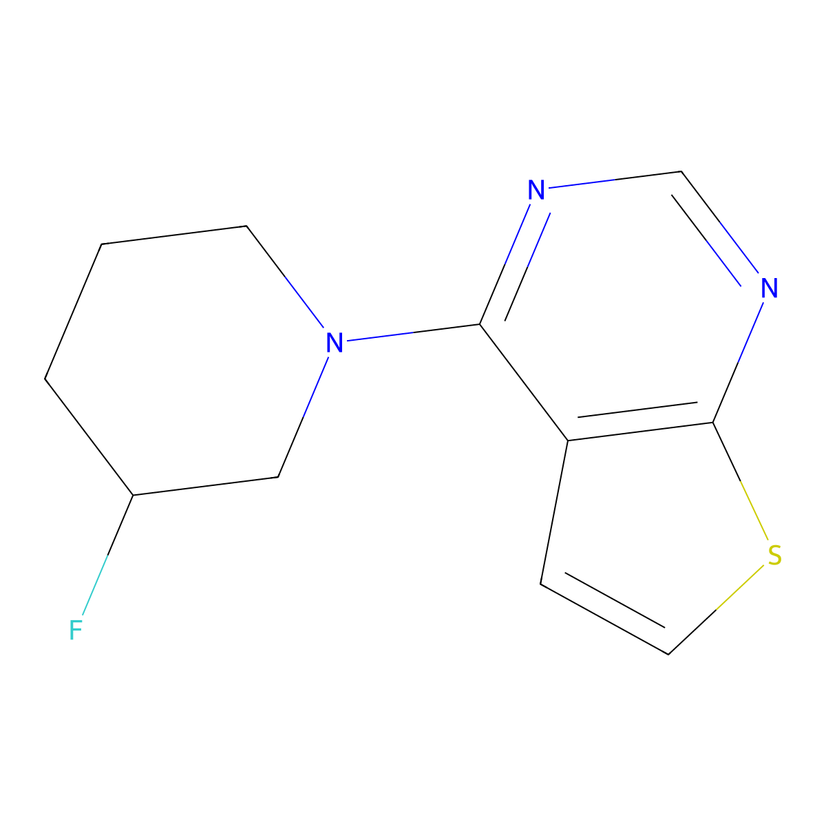 3-Fluoro-1-{thieno[2,3-d]pyrimidin-4-yl}piperidine molecular structure, CAS 3054630-92-8