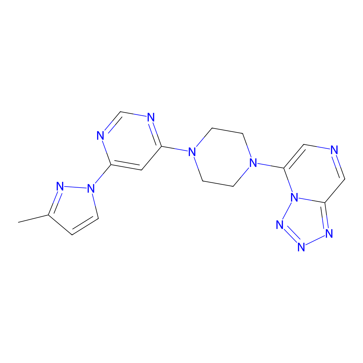 4-(3-methyl-1H-pyrazol-1-yl)-6-(4-{[1,2,3,4]tetrazolo[1,5-a]pyrazin-5-yl}piperazin-1-yl)pyrimidine molecular structure, CAS 3054631-03-4
