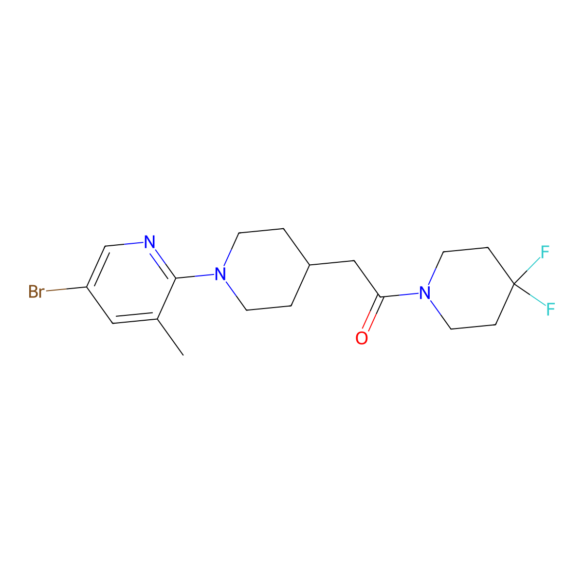 2-[1-(5-Bromo-3-methylpyridin-2-yl)piperidin-4-yl]-1-(4,4-difluoropiperidin-1-yl)ethan-1-one molecular structure, CAS 3054631-04-5