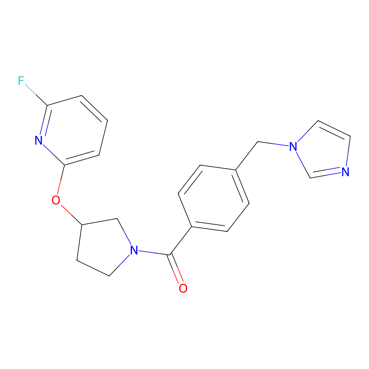 2-fluoro-6-[(1-{4-[(1H-imidazol-1-yl)methyl]benzoyl}pyrrolidin-3-yl)oxy]pyridine molecular structure, CAS 3054631-05-6