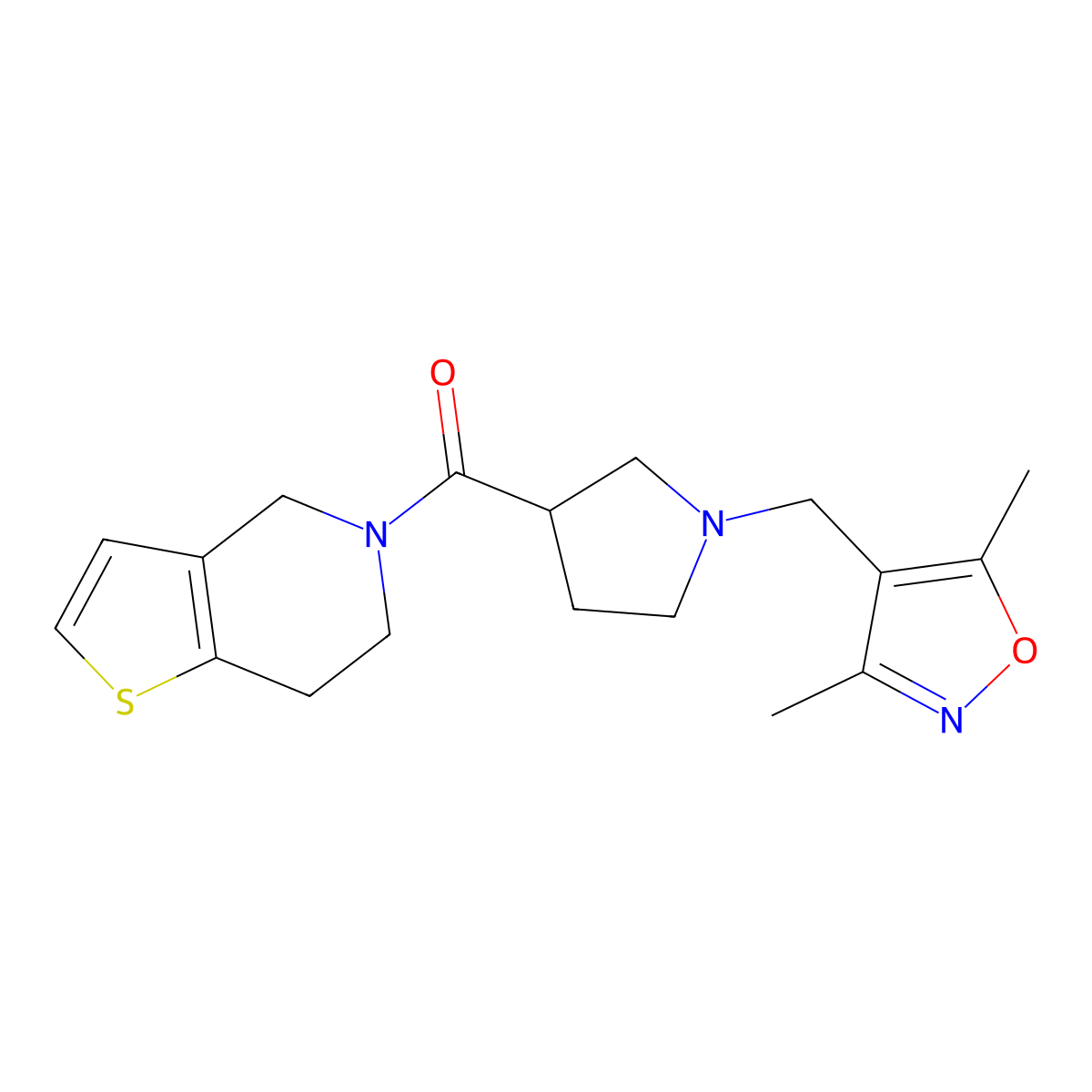 3,5-dimethyl-4-[(3-{4H,5H,6H,7H-thieno[3,2-c]pyridine-5-carbonyl}pyrrolidin-1-yl)methyl]-1,2-oxazole molecular structure, CAS 3054631-07-8