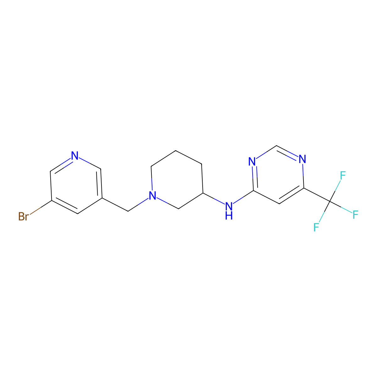 N-{1-[(5-bromopyridin-3-yl)methyl]piperidin-3-yl}-6-(trifluoromethyl)pyrimidin-4-amine molecular structure, CAS 3054631-14-7