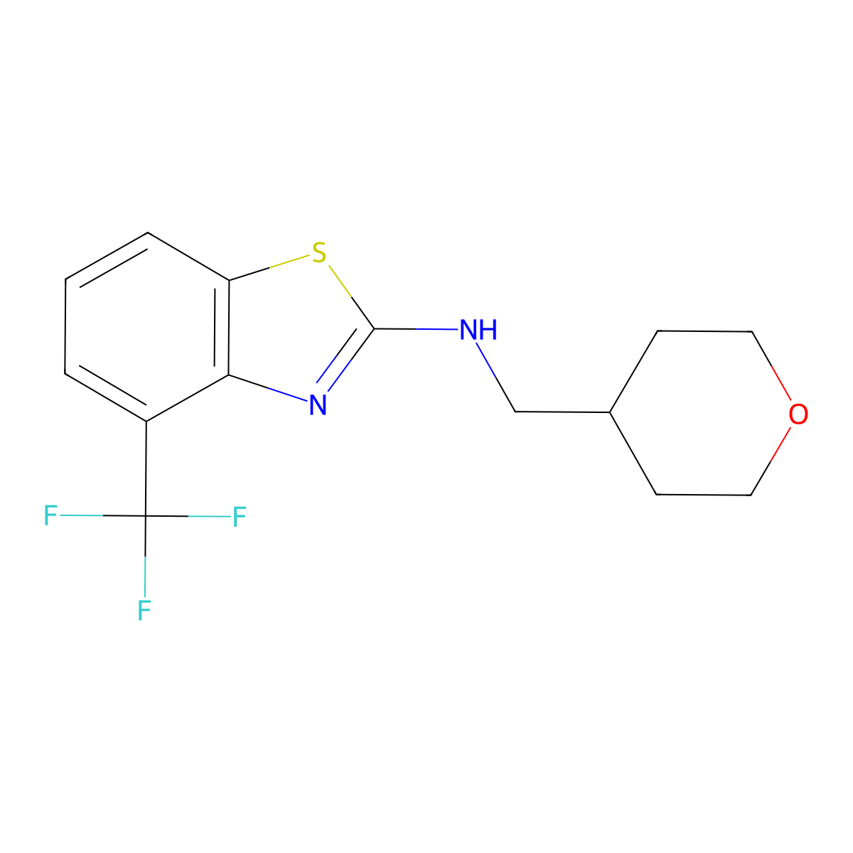 N-[(oxan-4-yl)methyl]-4-(trifluoromethyl)-1,3-benzothiazol-2-amine molecular structure, CAS 3054631-23-8