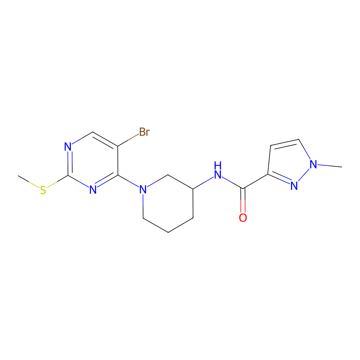 N-{1-[5-bromo-2-(methylsulfanyl)pyrimidin-4-yl]piperidin-3-yl}-1-methyl-1H-pyrazole-3-carboxamide molecular structure, CAS 3054631-24-9
