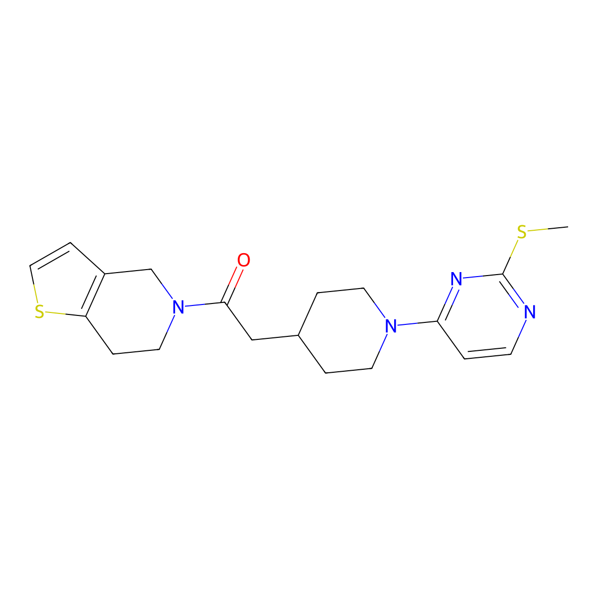 2-{1-[2-(methylsulfanyl)pyrimidin-4-yl]piperidin-4-yl}-1-{4H,5H,6H,7H-thieno[3,2-c]pyridin-5-yl}ethan-1-one molecular structure, CAS 3054631-25-0